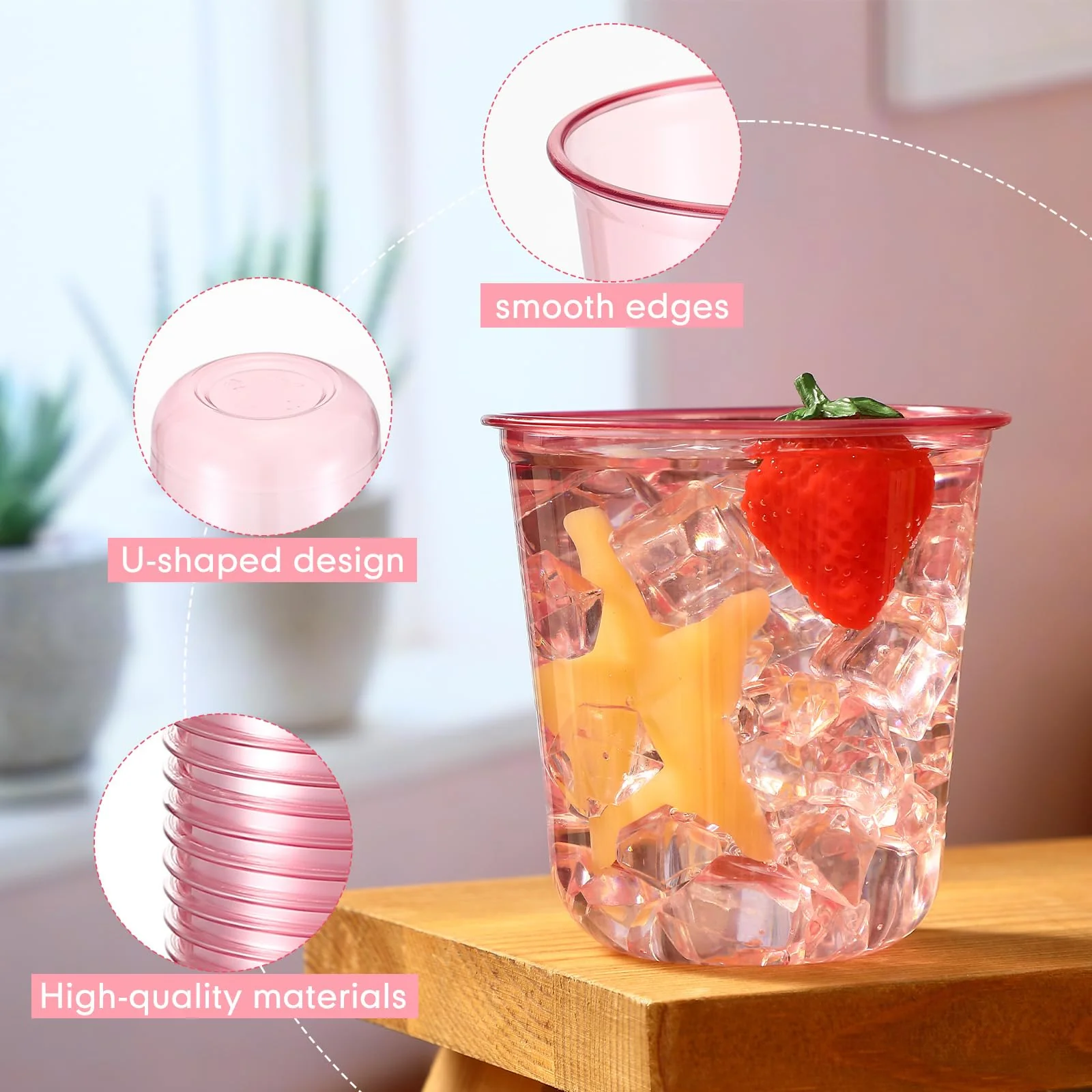 Ziliny 50 Pcs Disposable Stemless Glasses 12oz Crystal Plastic Wine Glasses Clear Classic Pet Cup for Meeting Weddings Birthdays Cocktail Christmas Party Supplies (Pink) - Image 5