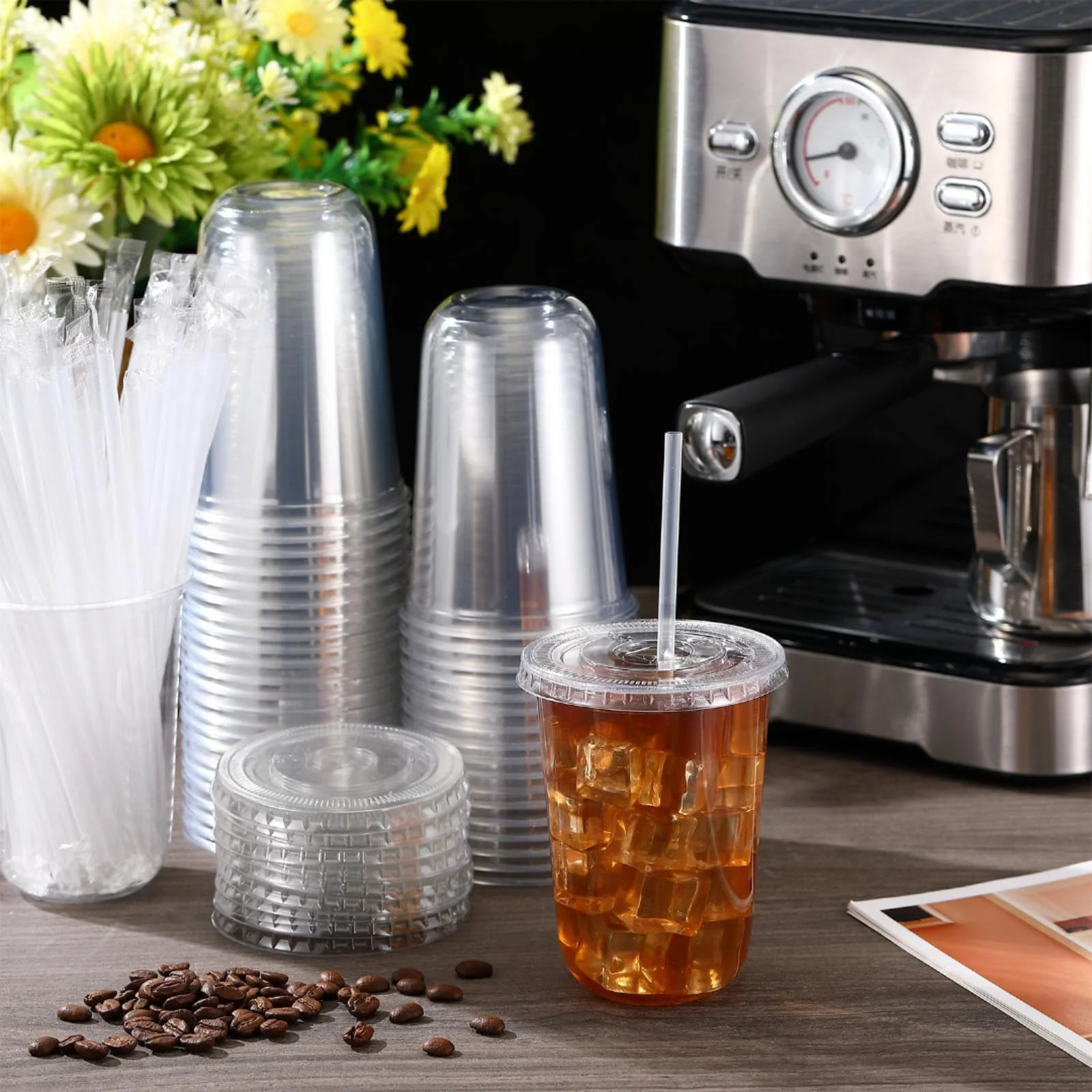 Ziliny 50 Sets Clear Plastic Cups with Lids and Straws, Disposable Iced Coffee Cups Drinking PET for Cold Drinks, Juice, Smoothie, Coffee Shops, Party, Christmas(Clear,16 oz) - Image 6