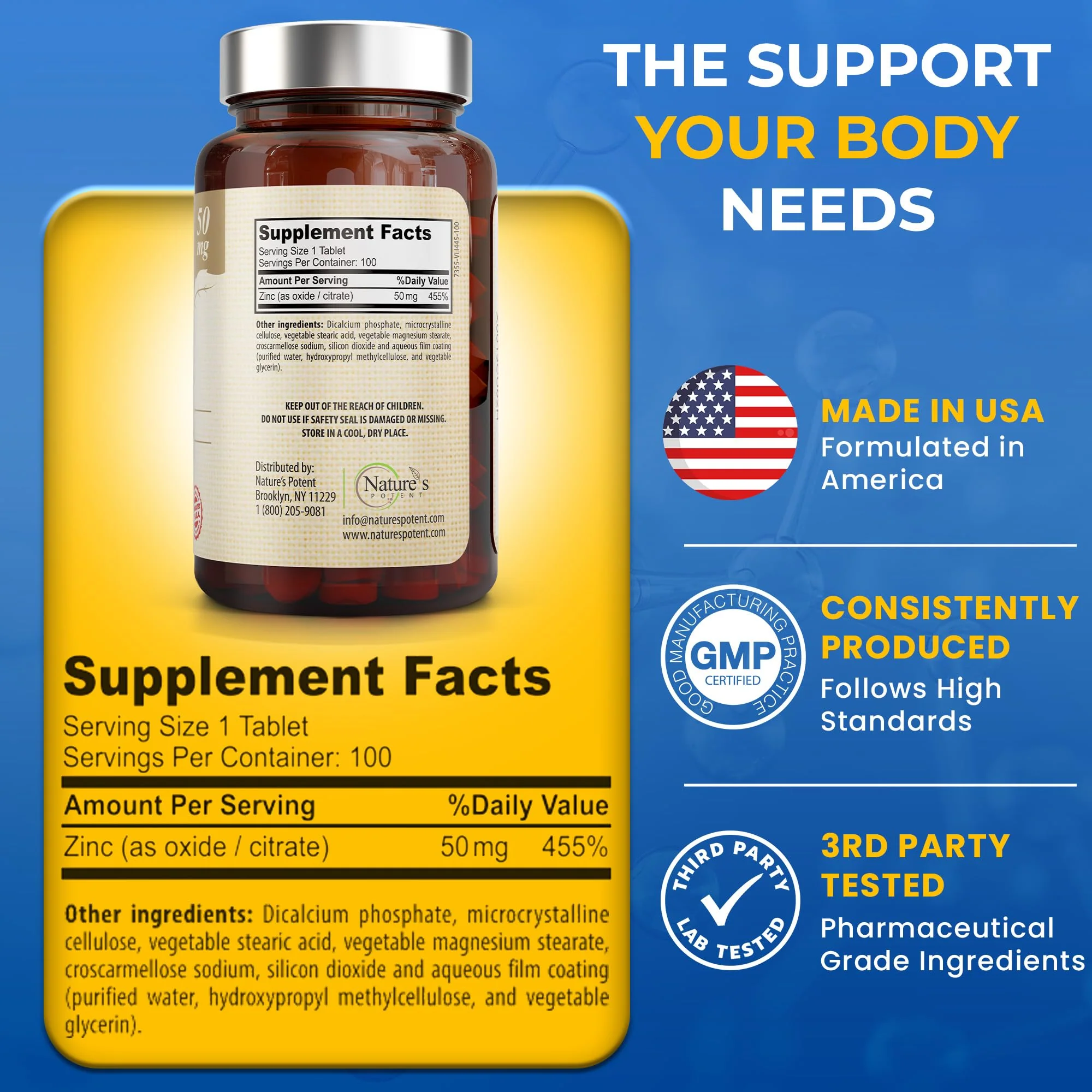 Zinc 50mg [High Potency] Supplement - Immune Support System from Natural Zinc (Oxide/Citrate) 100 Tablets, Made by Nature’s Potent. - Image 3