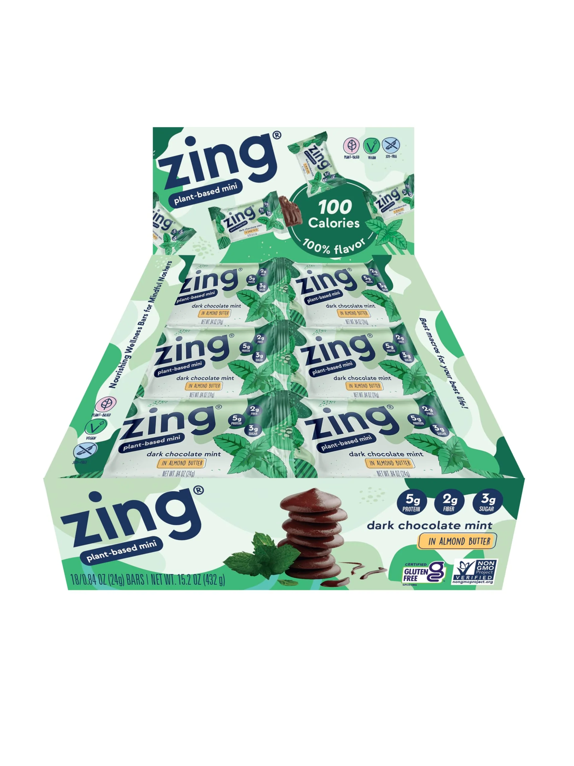 Zing Dark Chocolate Mint Kids Protein Bars, Gluten Free 100 Calorie Mini Bars with High Protein, Vegan Nutrition Bars, Dairy Free Plant Based Protein, Kosher, Low Sugar, No Sugar Alcohols-18 count