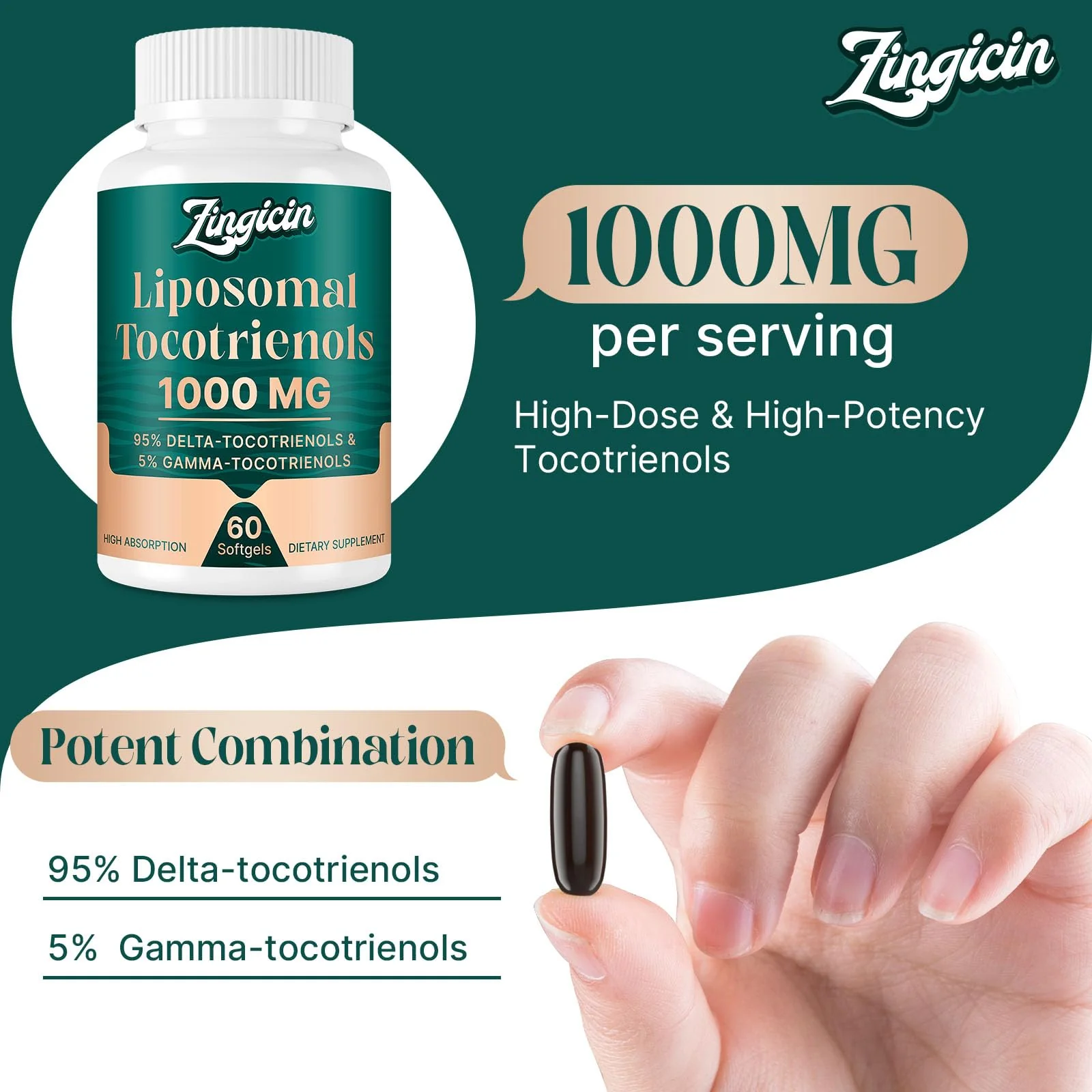Zingicin Vitamin E Tocotrienols - Liposomal Vitamin E Oil 1000mg, Highly Absorbable Delta Tocotrienol and Gamma Tocotrienol, 60 Softgels - Image 8