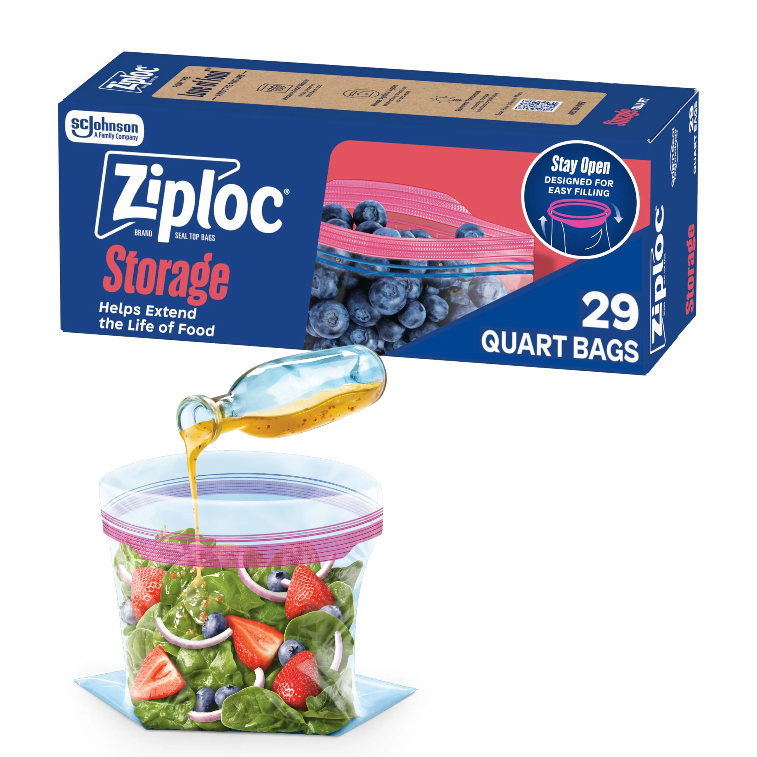 Ziploc Quart Food Storage Bags, Stand-Up Bottom, Easy to Fill, 29 Count (Pack of 12)