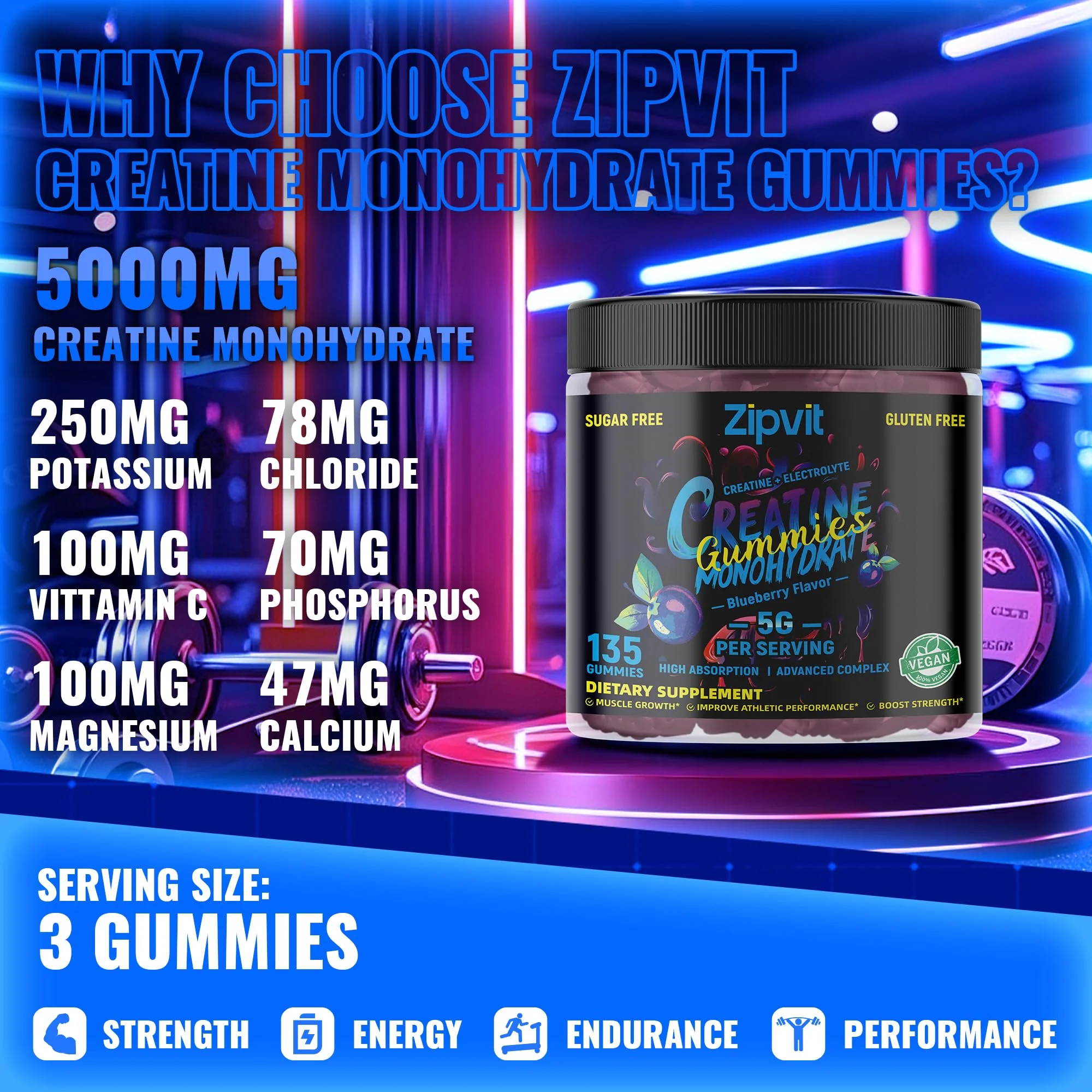 zipvit Creatine Monohydrate Gummies (5g) – Pre-Workout Energy & Muscle Growth Support for Men & Women | Blueberry Electrolyte Gummies (135 Count) - Image 8