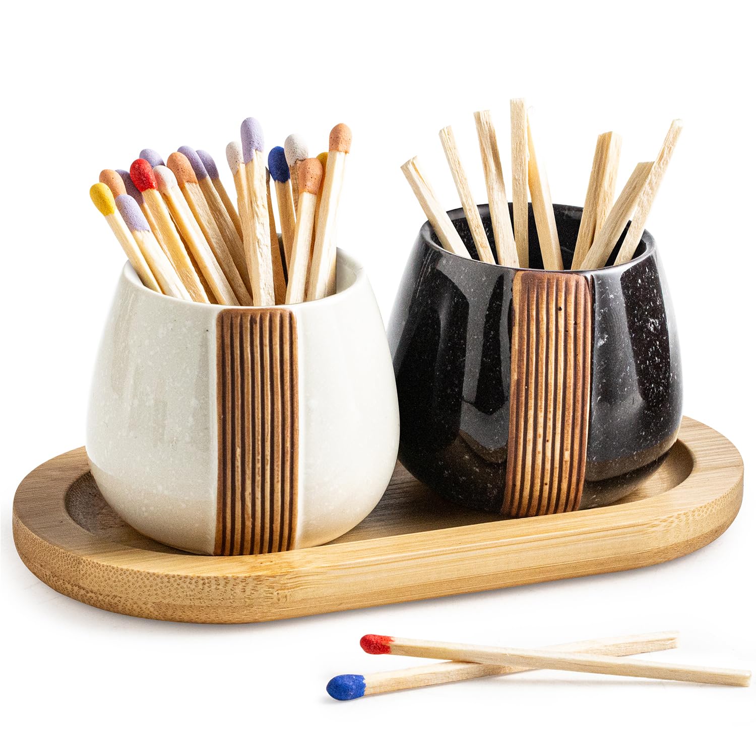 Zoeeker Ceramic Match Holders with Striker - Matchstick Container Set of 2 with Tray for Christmas Bathrooms, Cafes & Modern Homes - Matches NOT Included, Black and White