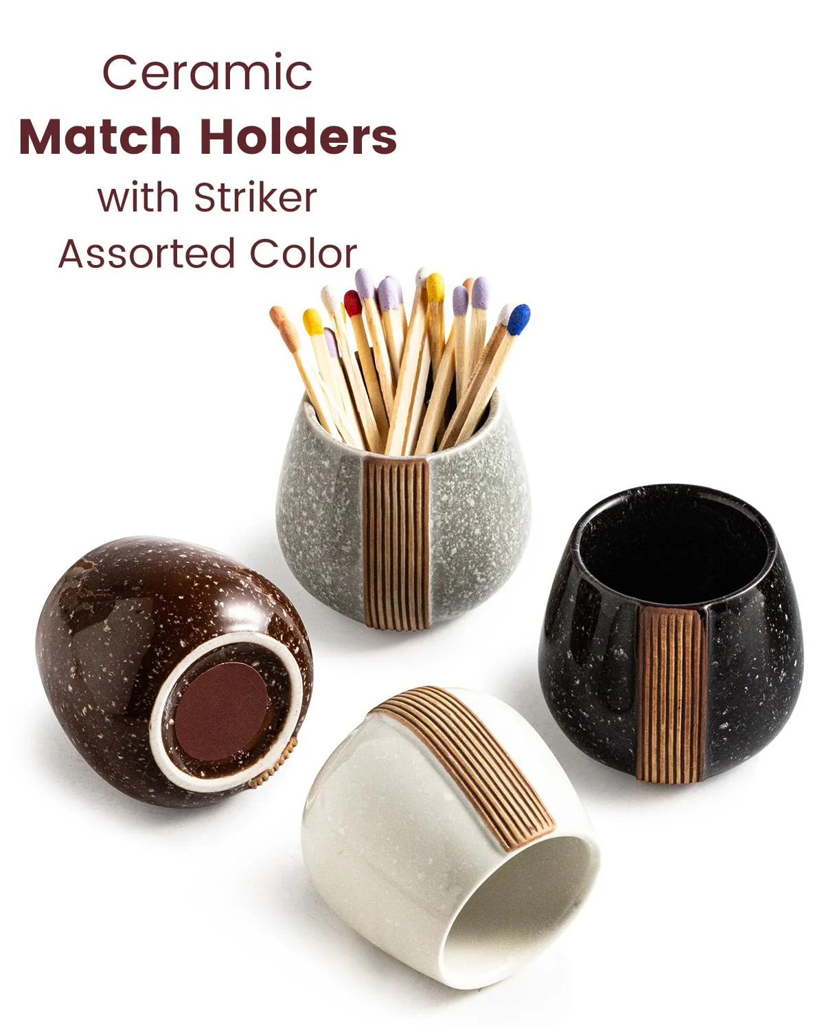 Zoeeker Ceramic Match Holders with Striker - Matchstick Container Set of 2 with Tray for Christmas Bathrooms, Cafes & Modern Homes - Matches NOT Included, Black and White - Image 2