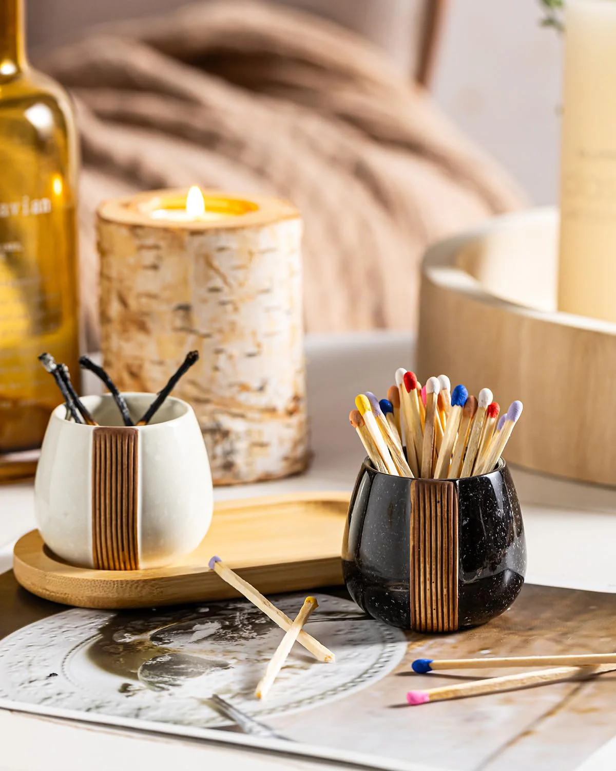 Zoeeker Ceramic Match Holders with Striker - Matchstick Container Set of 2 with Tray for Christmas Bathrooms, Cafes & Modern Homes - Matches NOT Included, Black and White - Image 4