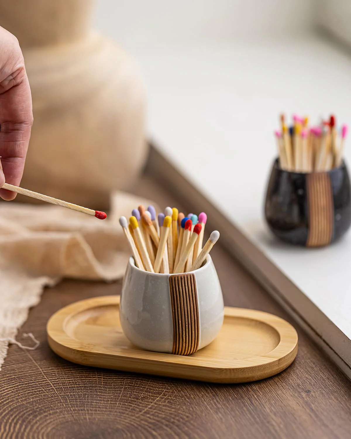 Zoeeker Ceramic Match Holders with Striker - Matchstick Container Set of 2 with Tray for Christmas Bathrooms, Cafes & Modern Homes - Matches NOT Included, Black and White - Image 5