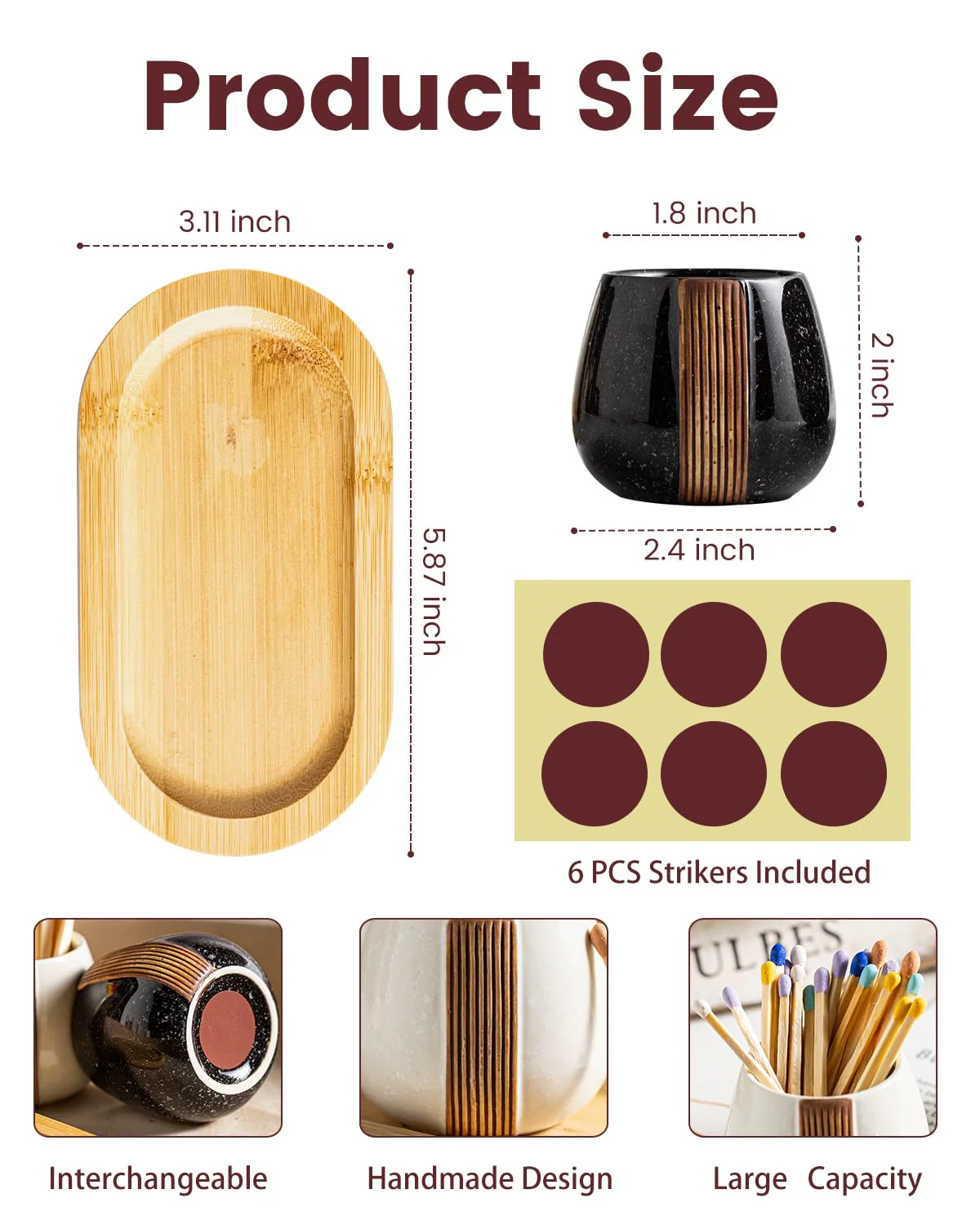 Zoeeker Ceramic Match Holders with Striker - Matchstick Container Set of 2 with Tray for Christmas Bathrooms, Cafes & Modern Homes - Matches NOT Included, Black and White - Image 7