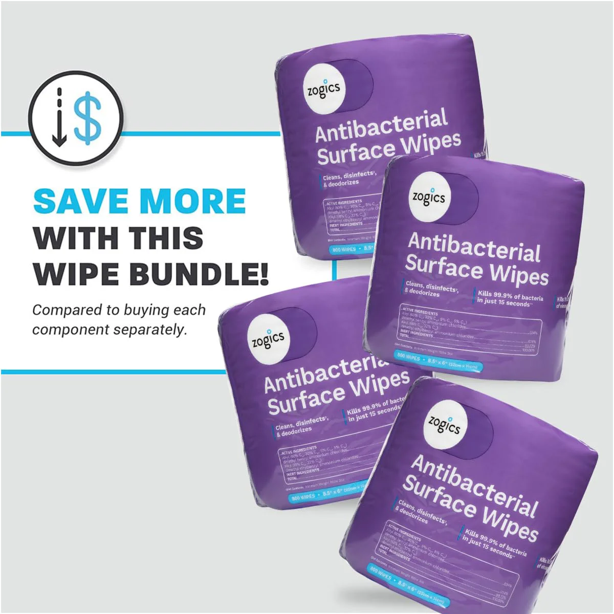 Zogics Antibacterial Wipes – Disinfecting Wipes for Sanitizing and Cleaning Surfaces and Equipment, EPA Registered Antibacterial Cleaning Wipes (3,200 Count – 4 Rolls of 800 Wipes) - Image 4