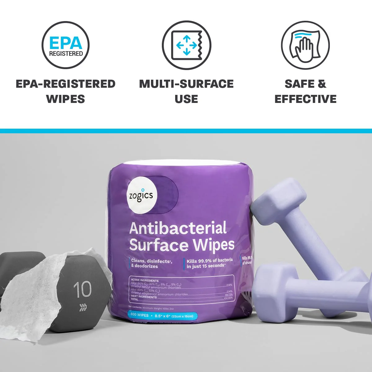 Zogics Antibacterial Wipes – Disinfecting Wipes for Sanitizing and Cleaning Surfaces and Equipment, EPA Registered Antibacterial Cleaning Wipes (3,200 Count – 4 Rolls of 800 Wipes) - Image 8