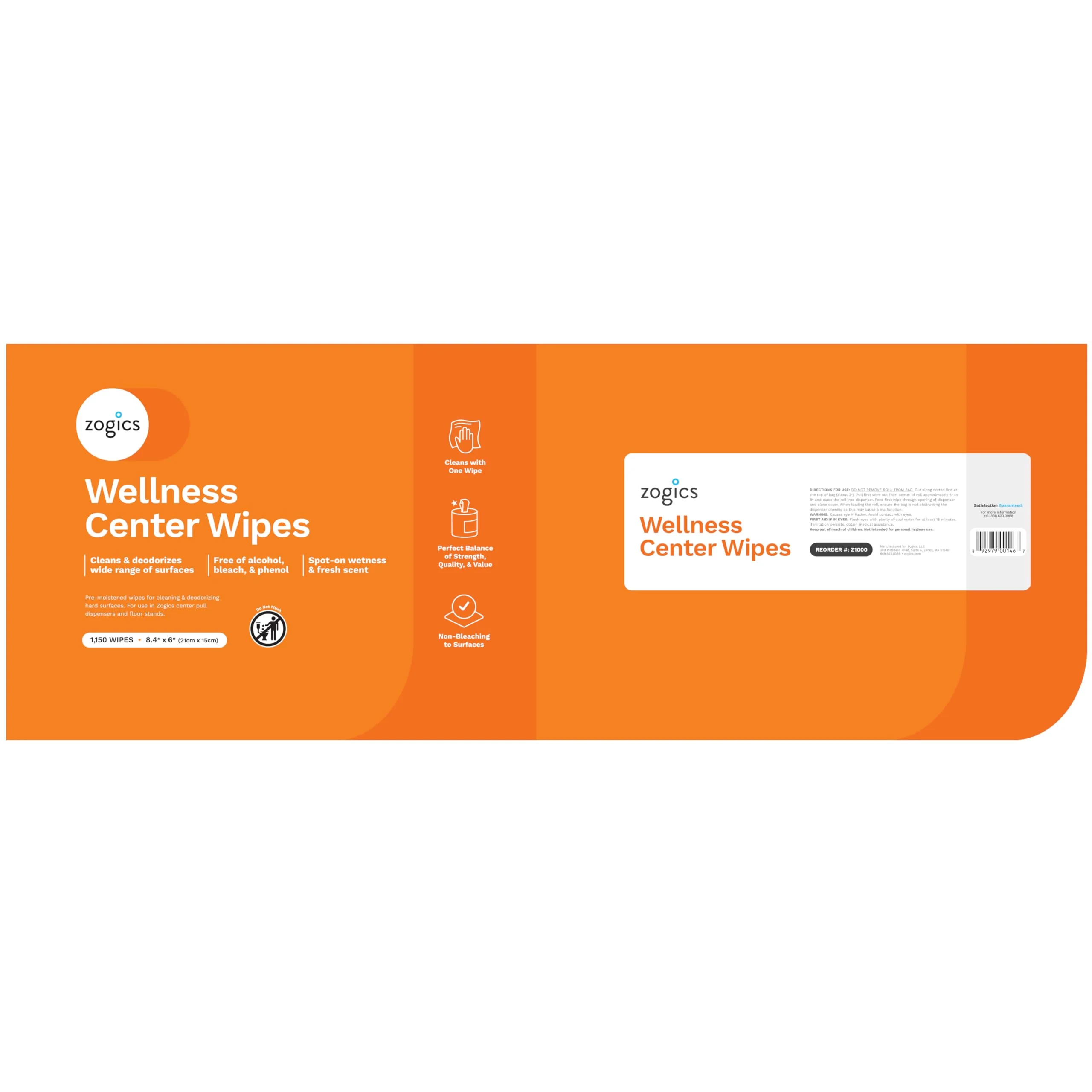 Zogics Wellness Center Cleaning Wipes – Gym Equipment Wipes for Cleaning Surfaces and Fitness Equipment, Durable and Safe Pre-Saturated Wet Wipes (2,300 Count, 2 Rolls of 1,150 Wipes) - Image 2