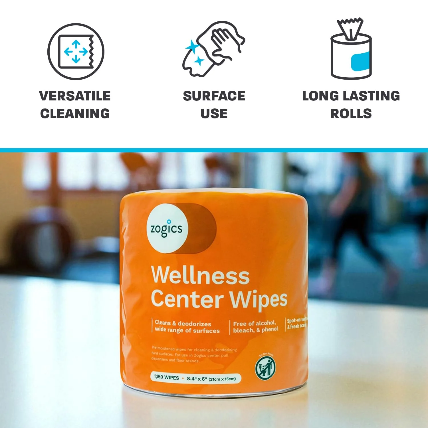 Zogics Wellness Center Cleaning Wipes – Gym Equipment Wipes for Cleaning Surfaces and Fitness Equipment, Durable and Safe Pre-Saturated Wet Wipes (2,300 Count, 2 Rolls of 1,150 Wipes) - Image 5