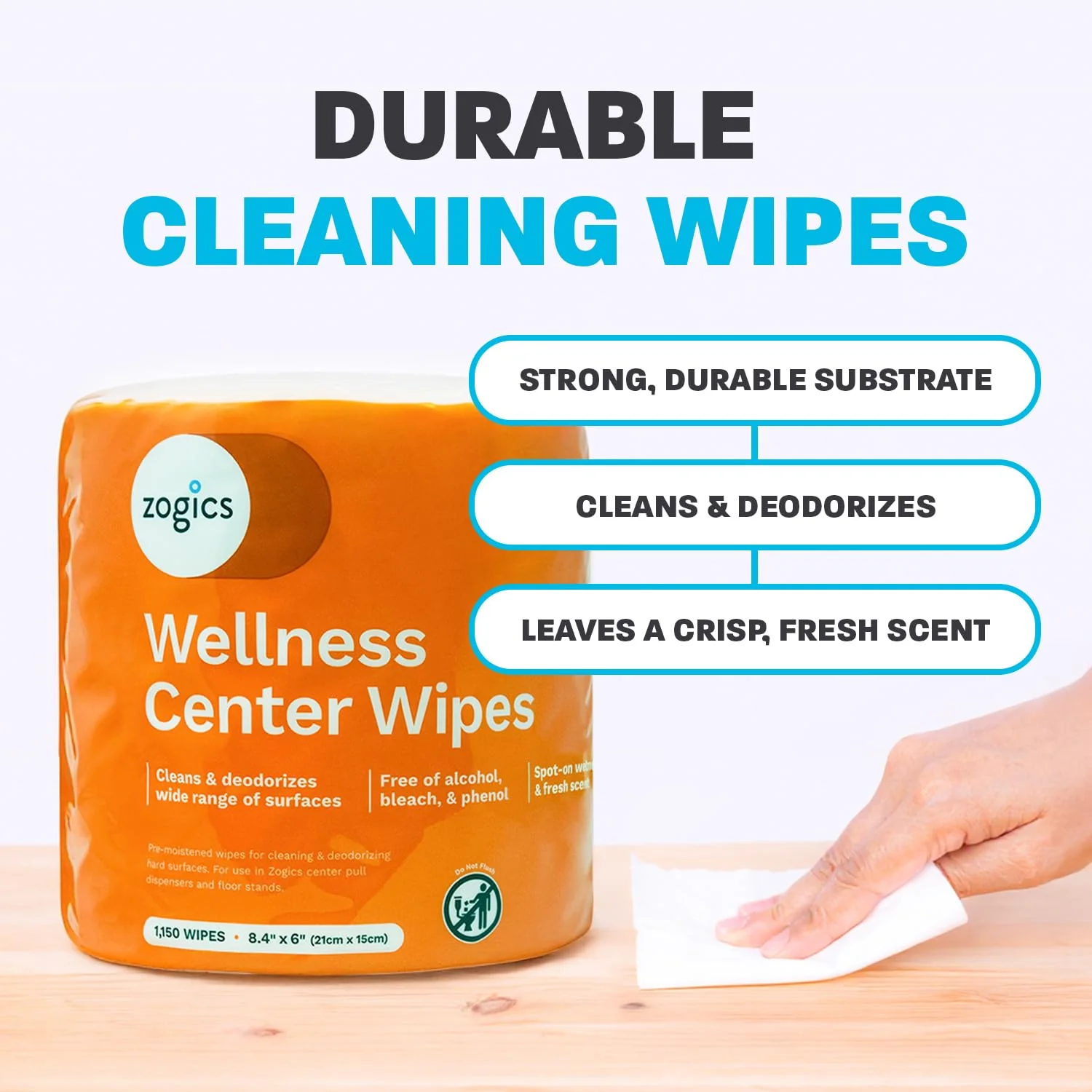 Zogics Wellness Center Cleaning Wipes – Gym Equipment Wipes for Cleaning Surfaces and Fitness Equipment, Durable and Safe Pre-Saturated Wet Wipes (2,300 Count, 2 Rolls of 1,150 Wipes) - Image 6