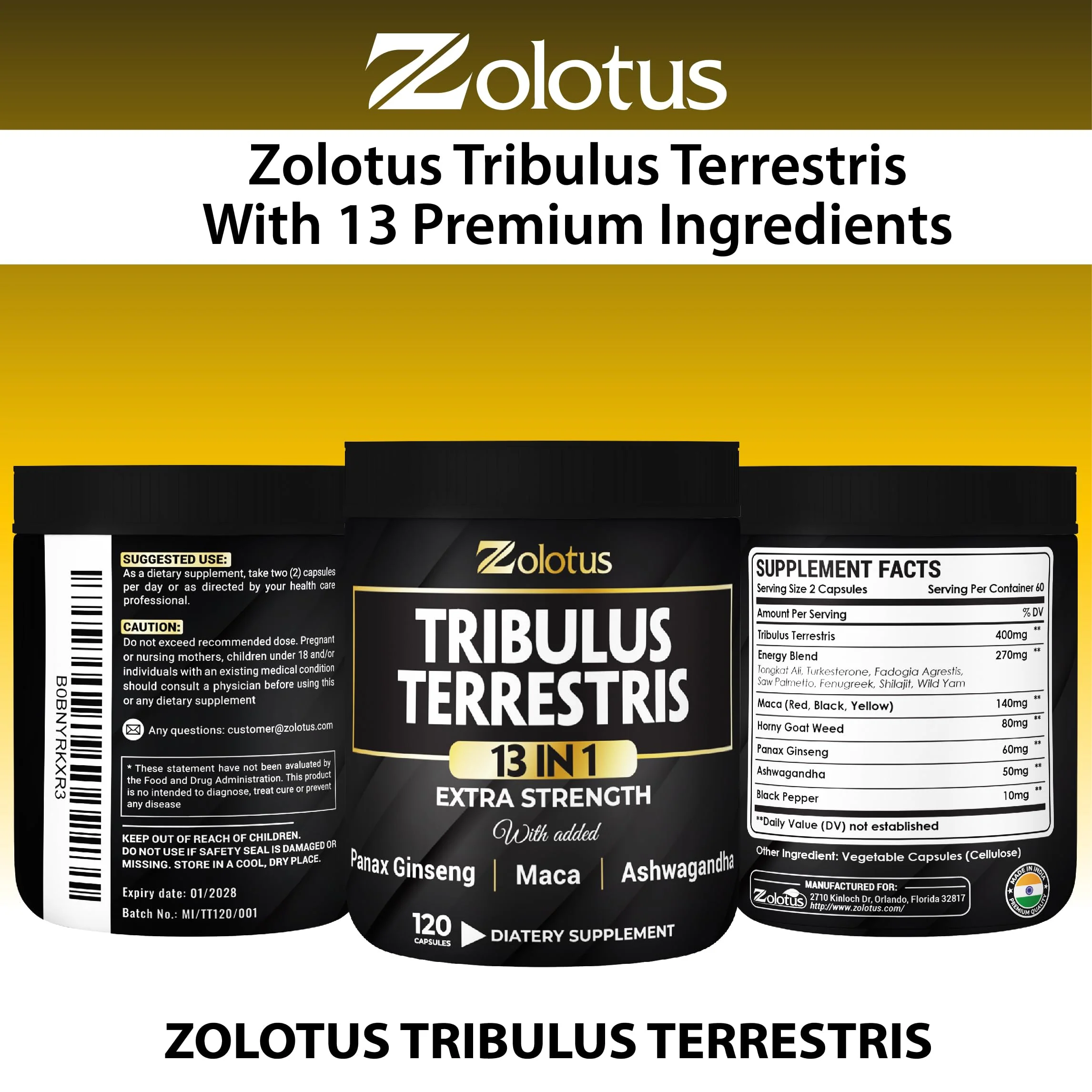 Zolotus 13in1 Tribulus Terrestris Capsules with Maca, Horny Goat Weed, Panax Ginseng, Saw Palmetto, Tongkat Ali, Shilajit & More - Energy, Stamina Supplement for Men & Women - 120 Counts - Image 2