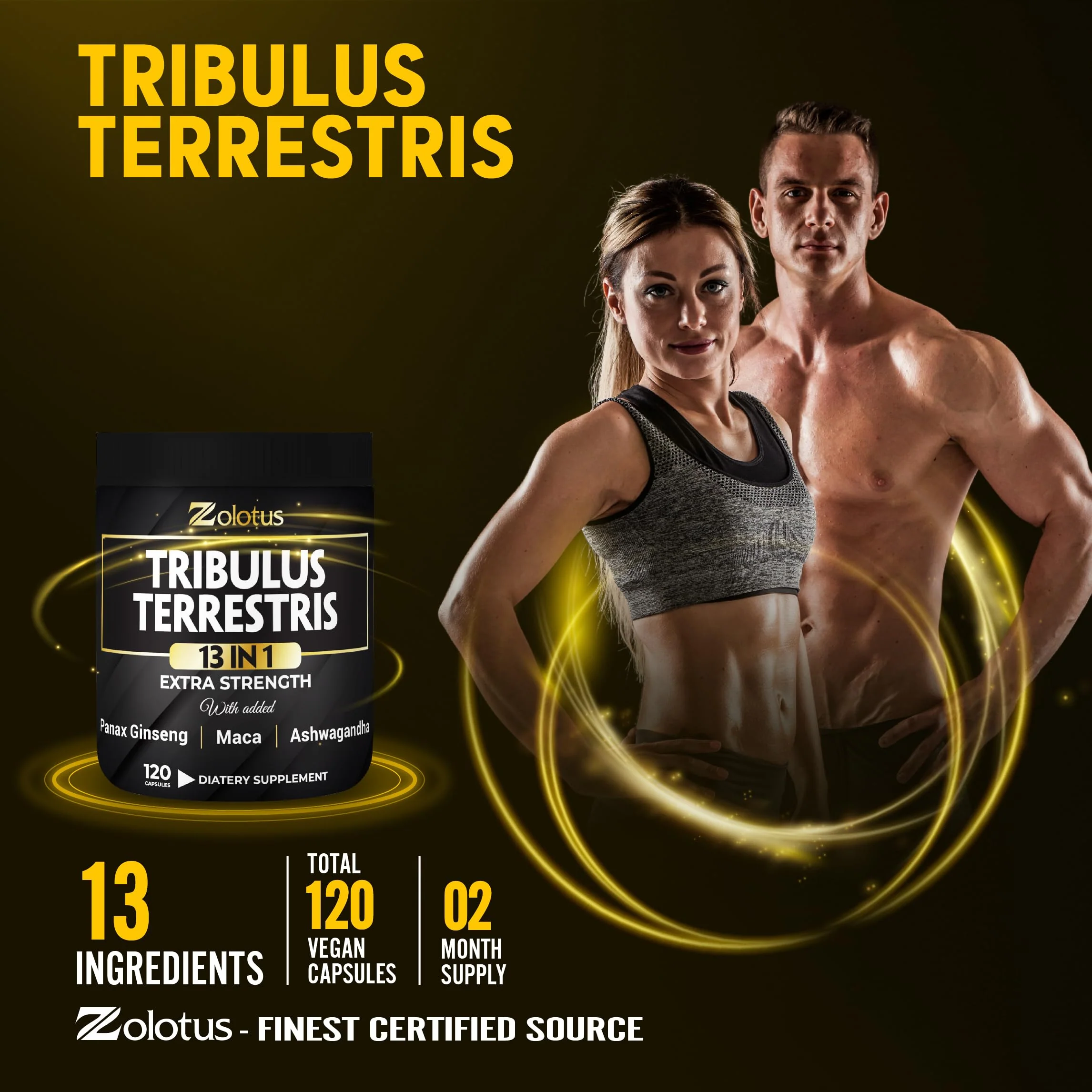 Zolotus 13in1 Tribulus Terrestris Capsules with Maca, Horny Goat Weed, Panax Ginseng, Saw Palmetto, Tongkat Ali, Shilajit & More - Energy, Stamina Supplement for Men & Women - 120 Counts - Image 3