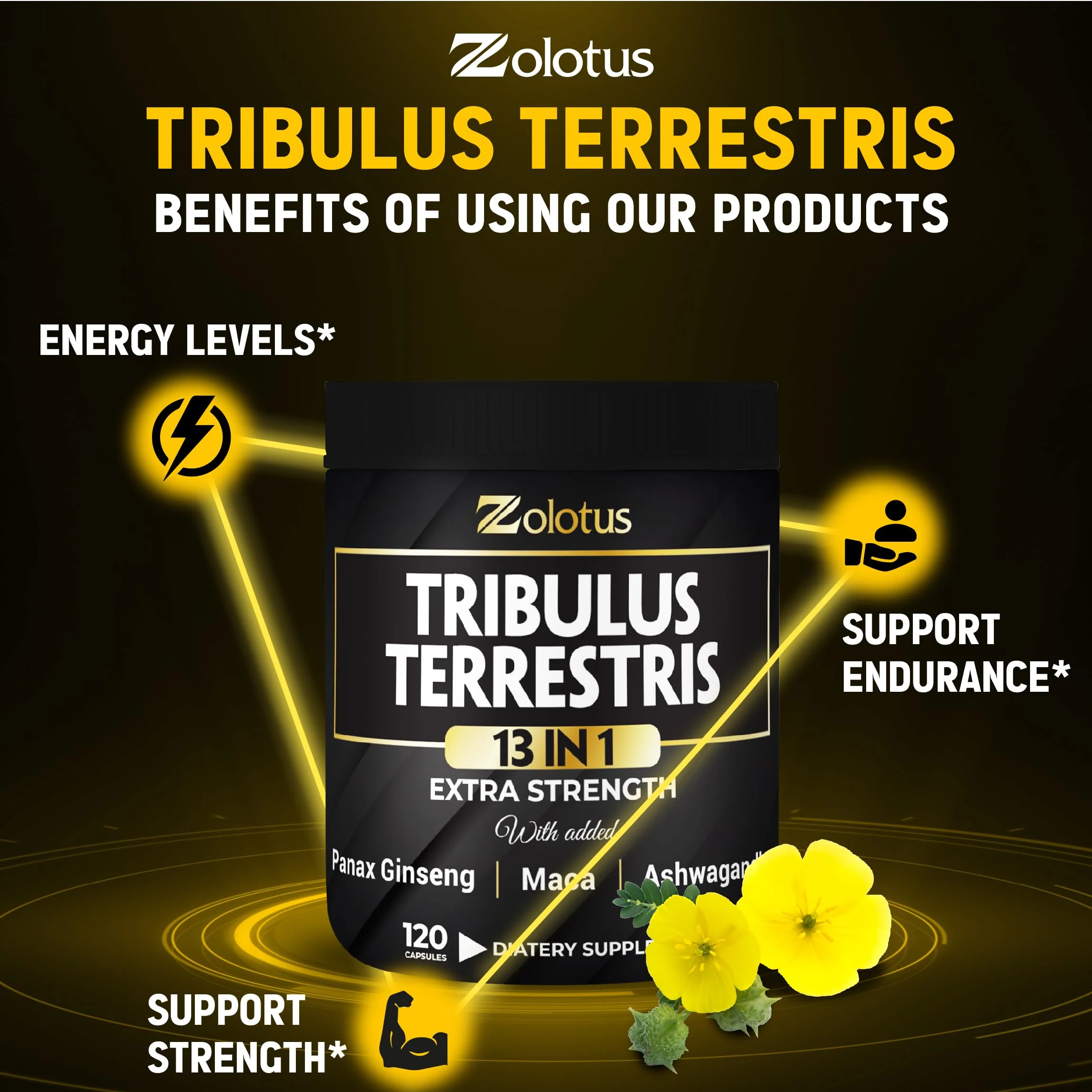 Zolotus 13in1 Tribulus Terrestris Capsules with Maca, Horny Goat Weed, Panax Ginseng, Saw Palmetto, Tongkat Ali, Shilajit & More - Energy, Stamina Supplement for Men & Women - 120 Counts - Image 4