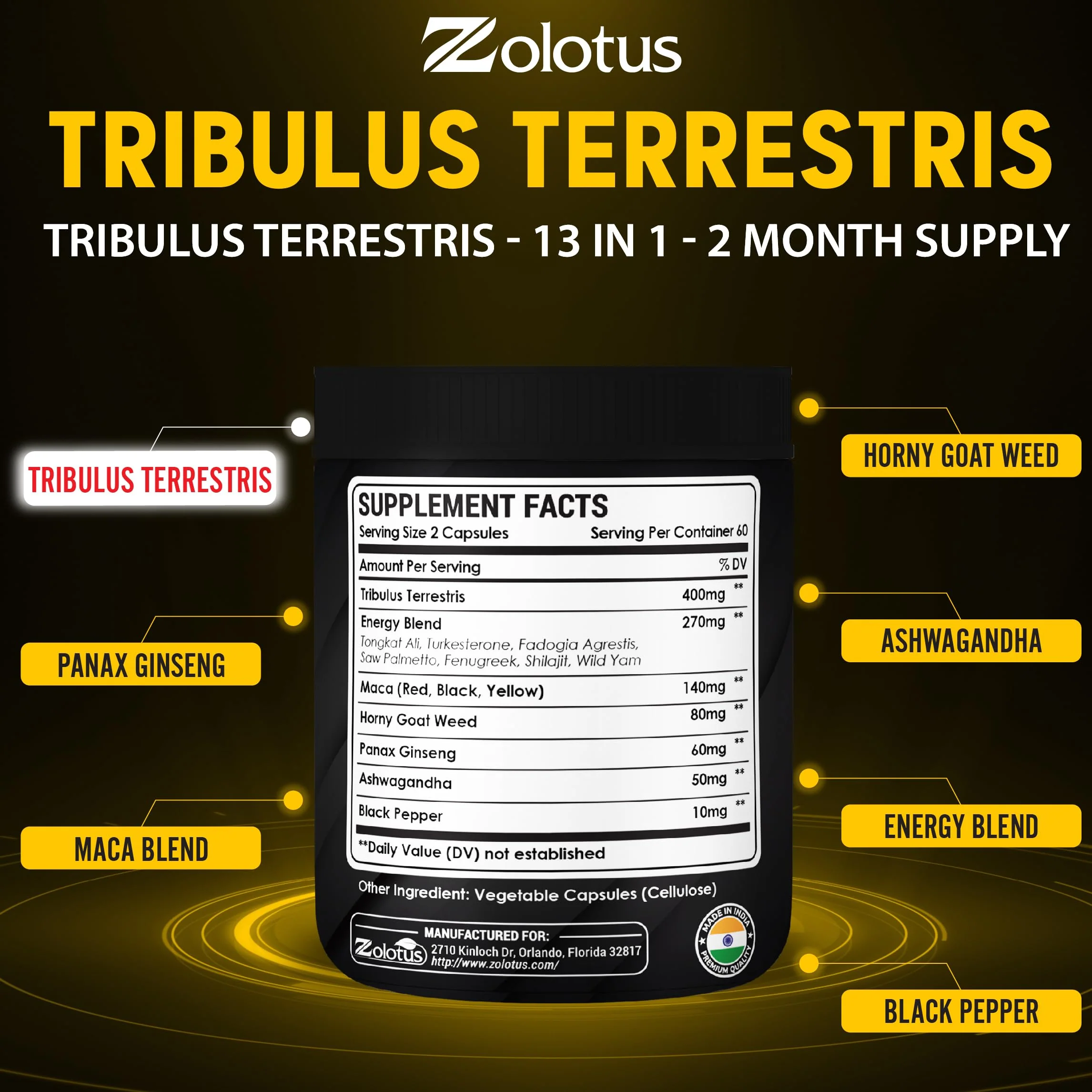 Zolotus 13in1 Tribulus Terrestris Capsules with Maca, Horny Goat Weed, Panax Ginseng, Saw Palmetto, Tongkat Ali, Shilajit & More - Energy, Stamina Supplement for Men & Women - 120 Counts - Image 5