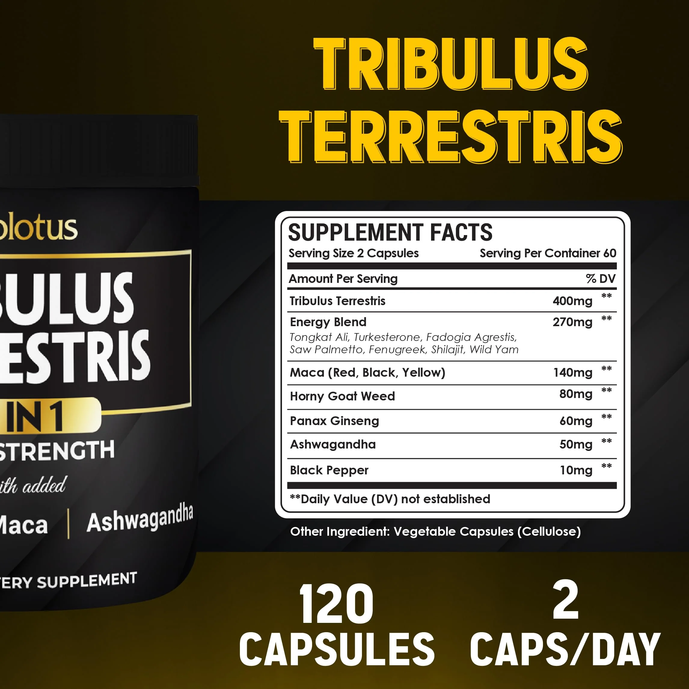 Zolotus 13in1 Tribulus Terrestris Capsules with Maca, Horny Goat Weed, Panax Ginseng, Saw Palmetto, Tongkat Ali, Shilajit & More - Energy, Stamina Supplement for Men & Women - 120 Counts - Image 7