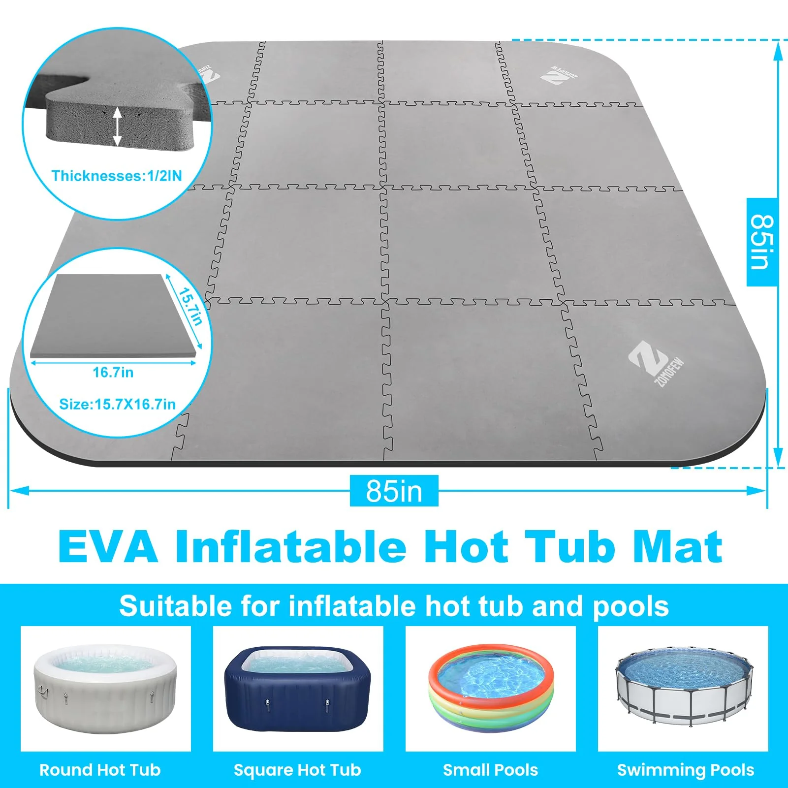 ZOMOFEW 1/2" Thickness 85IN Hot Tub Mat for Inflatable Tub,Hot Tub Pad Foundation, Upgraded Thickened Eva Foam Padding for Outdoor Hot Tubs (Square-Shaped) - Image 7