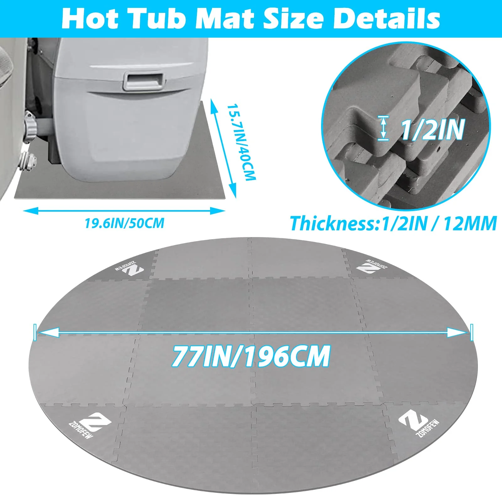 ZOMOFEW Hot Tub Mat for Inflatable Tub, 77IN Hot Tub Pad Foundation, Upgraded Thickened Eva Foam Padding for Outdoor Hot Tubs | Interlocking Patio Tiles Outdoor (1/2" Thickness) - Image 7