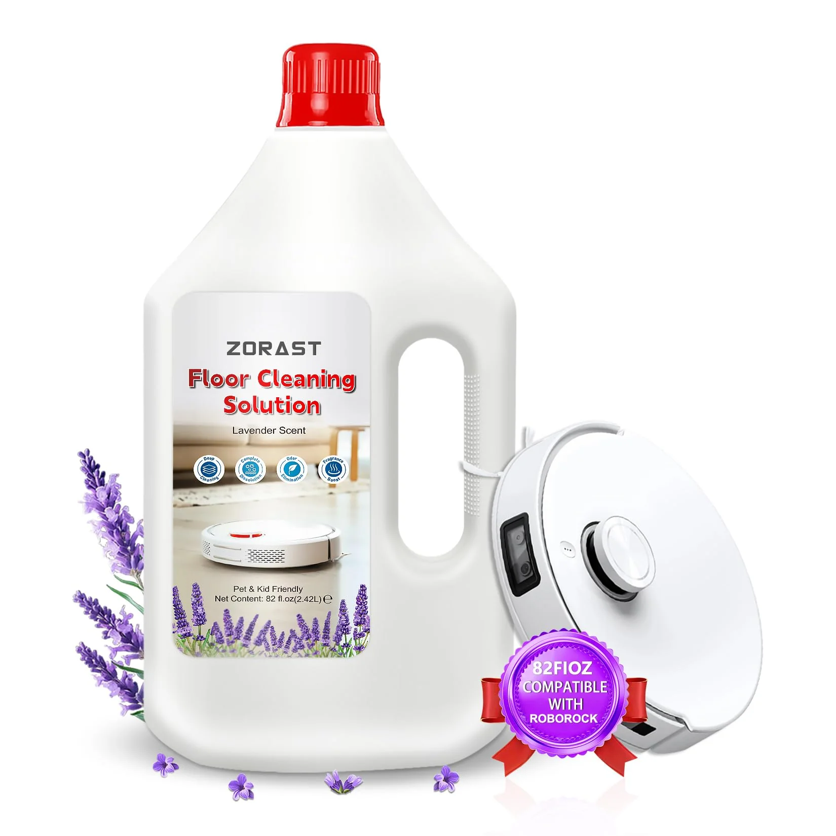 ZORAST Lavender Scent Floor Cleaning Solution, Compatible with All Roborock Mopping Robots (S7, S8, Qrevo, Q7, Q8 series) Deep Cleans for Multiple Hard Floors Stain-Busting & Fresh-Scented