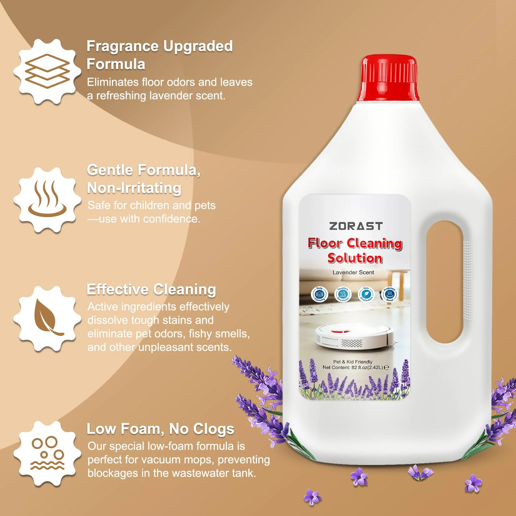 ZORAST Lavender Scent Floor Cleaning Solution, Compatible with All Roborock Mopping Robots (S7, S8, Qrevo, Q7, Q8 series) Deep Cleans for Multiple Hard Floors Stain-Busting & Fresh-Scented - Image 4
