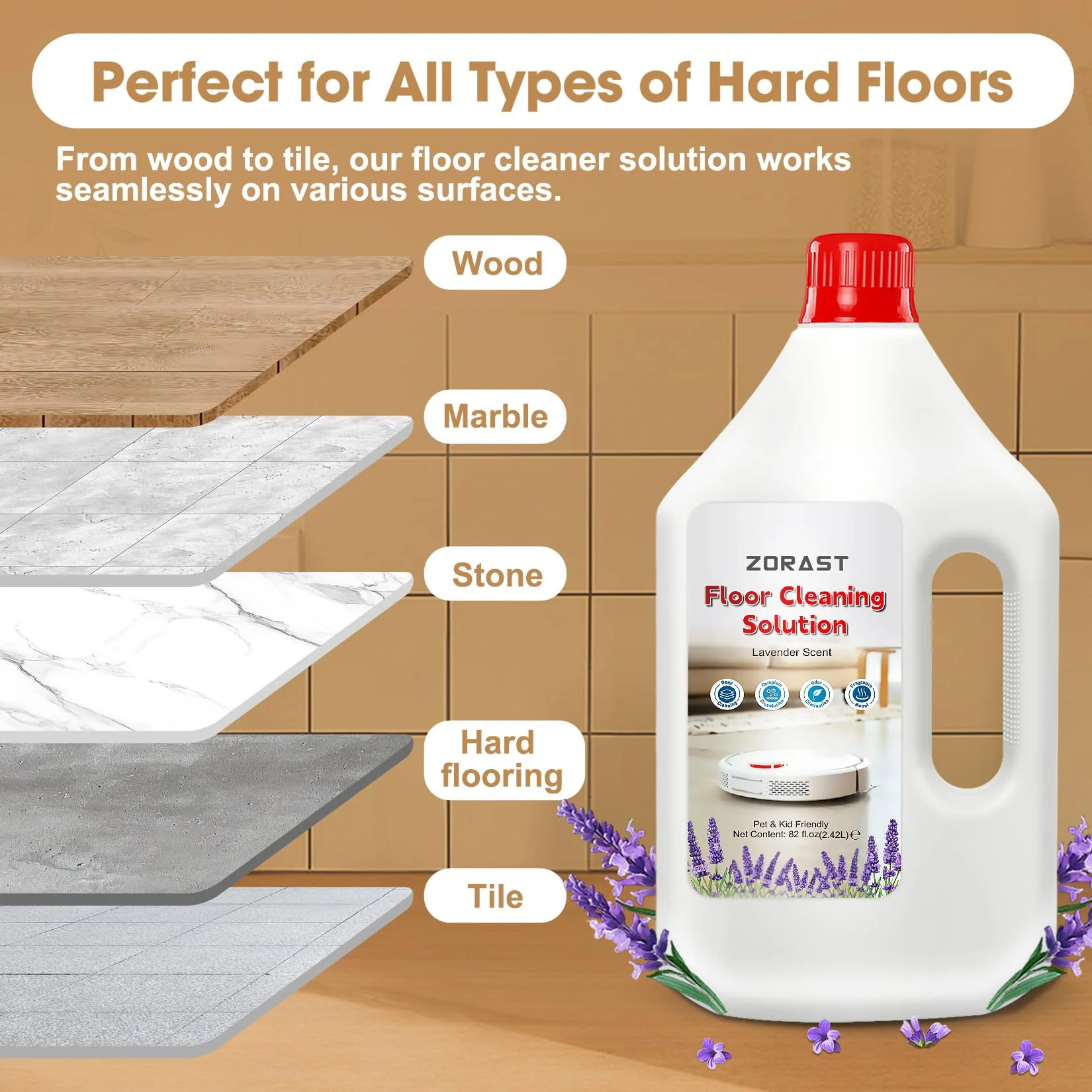 ZORAST Lavender Scent Floor Cleaning Solution, Compatible with All Roborock Mopping Robots (S7, S8, Qrevo, Q7, Q8 series) Deep Cleans for Multiple Hard Floors Stain-Busting & Fresh-Scented - Image 6