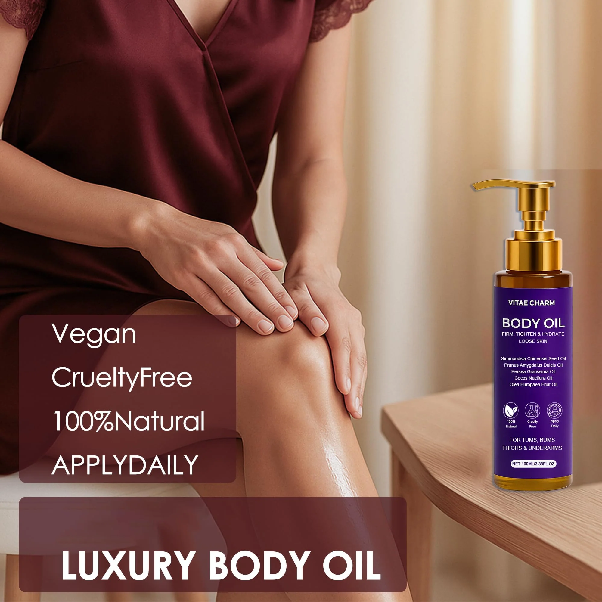 Zotreval Vitae Charm Body Oil, Luxury Body Oil for Crepe Skin, Firming Tightening & Hydrating Body Serum with Vitamin E and Sweet Almond Oil, Smooths Skin for Women - Image 2