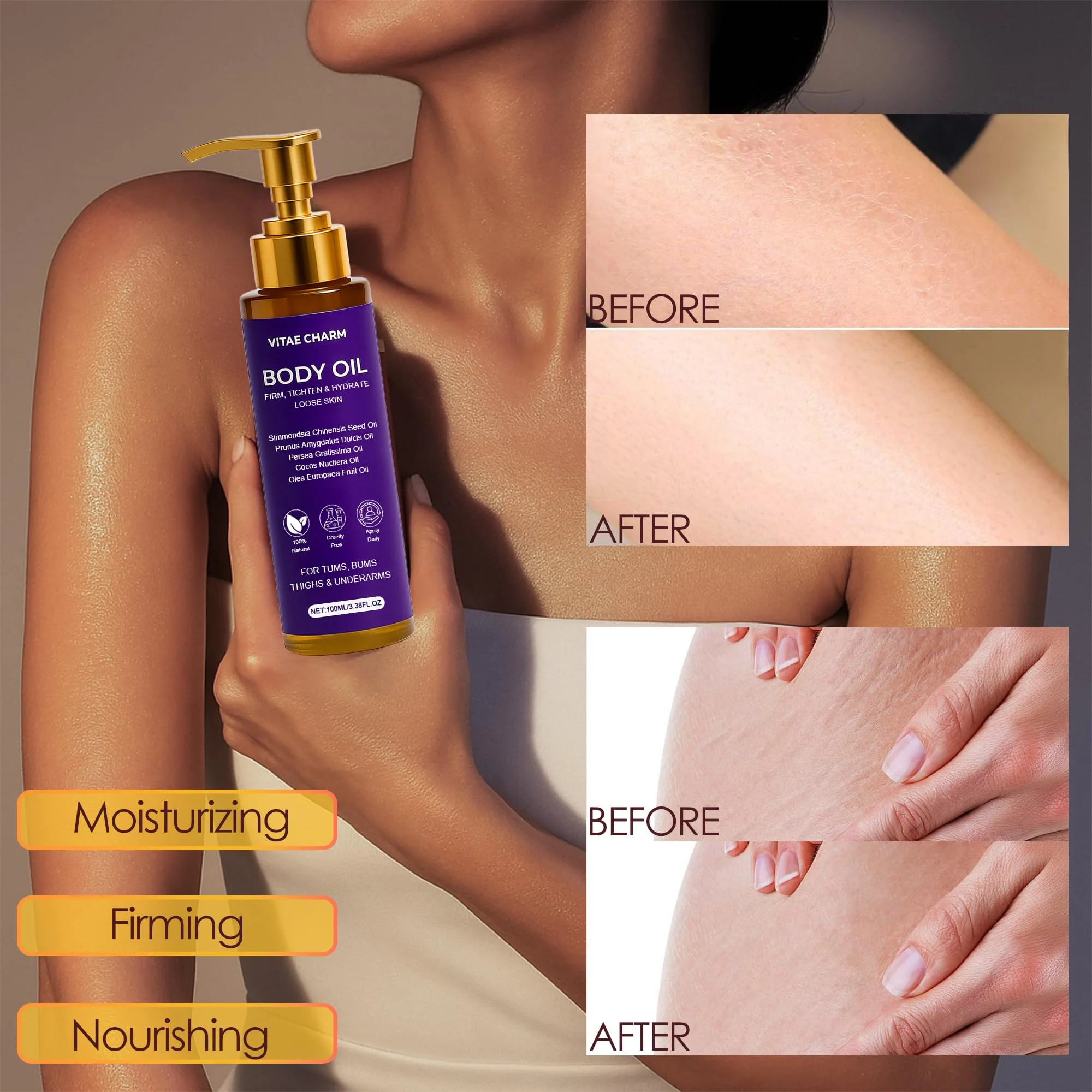 Zotreval Vitae Charm Body Oil, Luxury Body Oil for Crepe Skin, Firming Tightening & Hydrating Body Serum with Vitamin E and Sweet Almond Oil, Smooths Skin for Women - Image 7