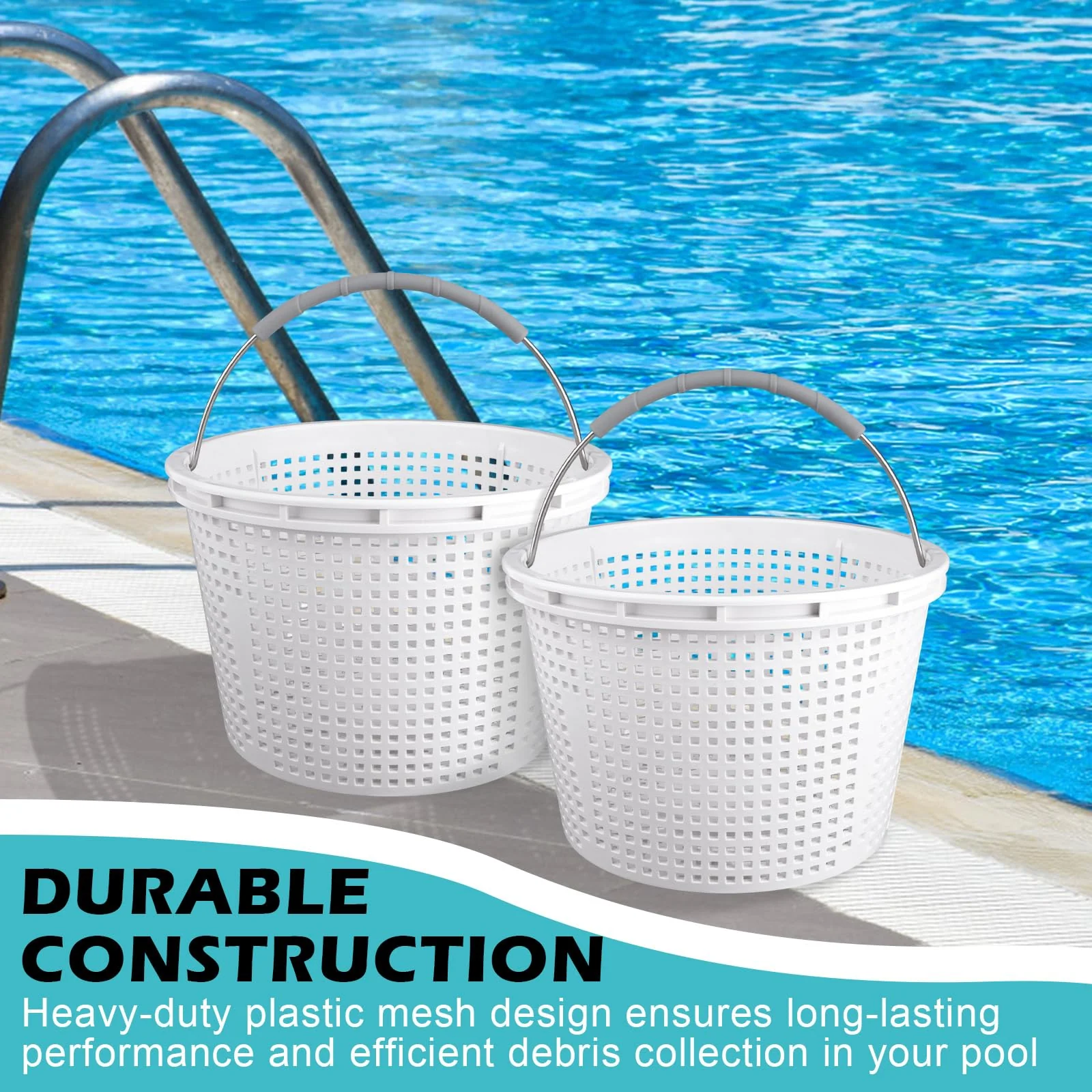 ZTTM 8" Pool Skimmer Basket for Inground Pool Compatible with Pentair U-3 Skimmer Basket 08650-0007 and Hayward SP1070 Pool Basket Stainless Steel Handle Rubber Grip & Built in Weighting White 2 Pack - Image 3