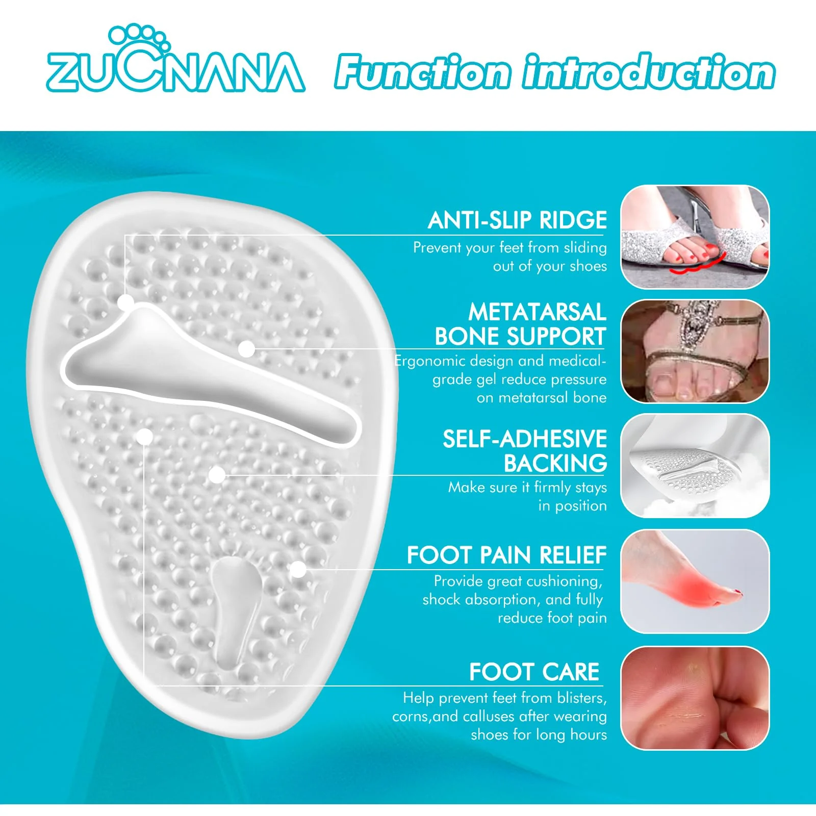 ZUCNANA Ball of Foot Cushions (2 Pairs Gel Shoe Inserts), Heel Inserts for Women, Non Slip Heel Pads, Heel Cushions for Women Foot Pain Relief and Comfort, One Size Fits Any (Clear) - Image 2