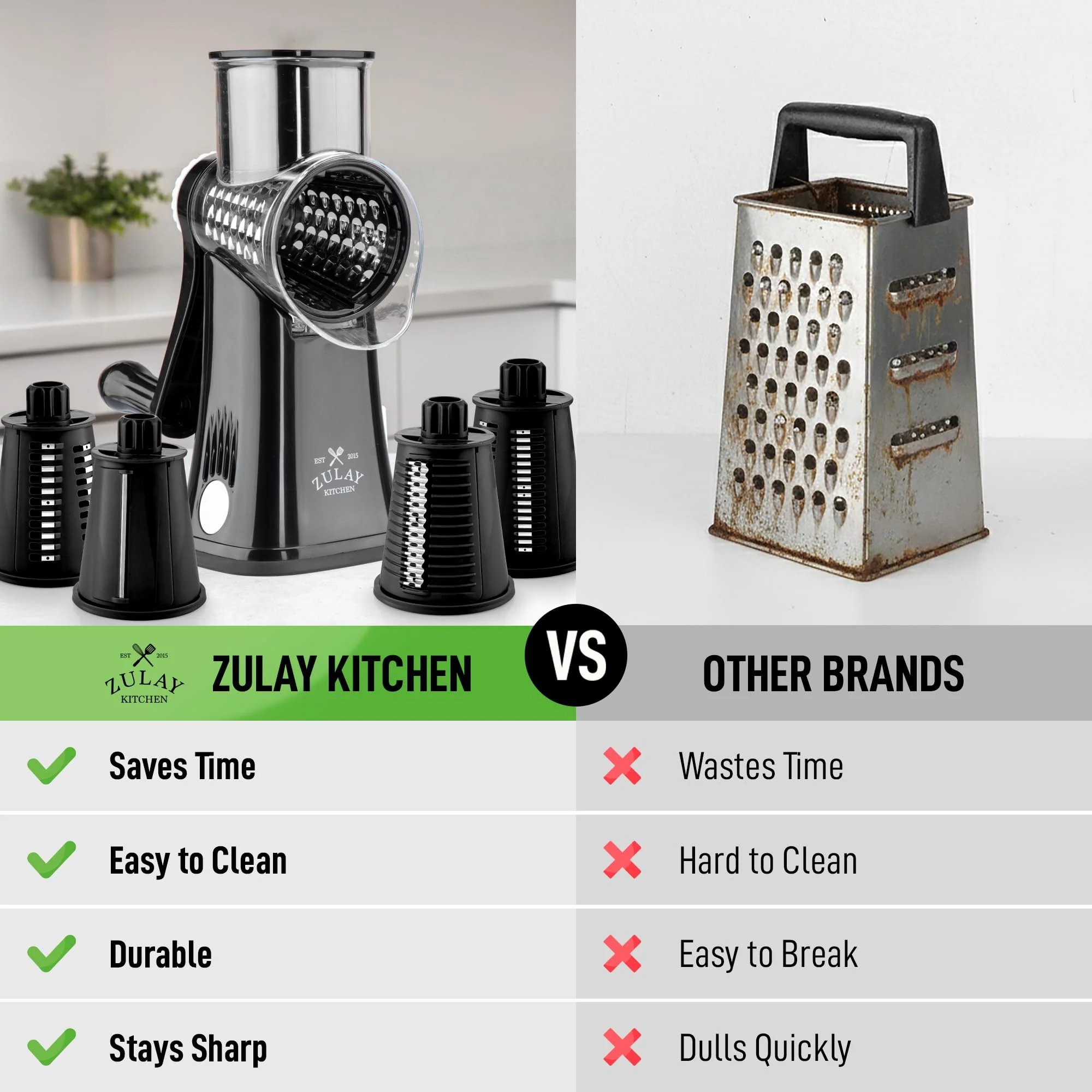 Zulay Kitchen Rotary Cheese Grater 5 Blade Cheese Shredder - Manual Hand Crank Cheese Grater With Reinforced Suction & 5 Interchangeable Drums - Easy to Use, Vegetable Chopper Round Mandoline Slicer - Image 2