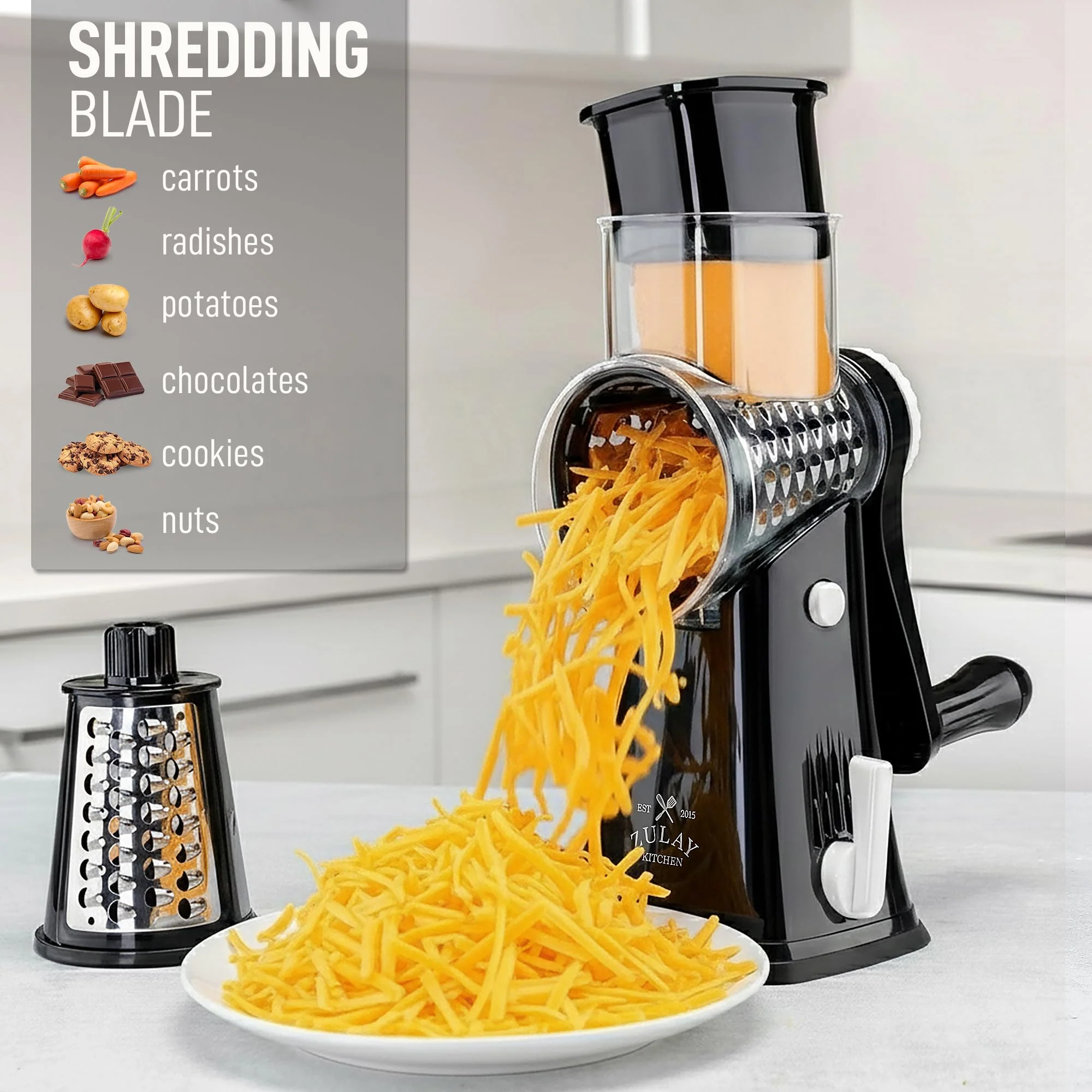 Zulay Kitchen Rotary Cheese Grater 5 Blade Cheese Shredder - Manual Hand Crank Cheese Grater With Reinforced Suction & 5 Interchangeable Drums - Easy to Use, Vegetable Chopper Round Mandoline Slicer - Image 3