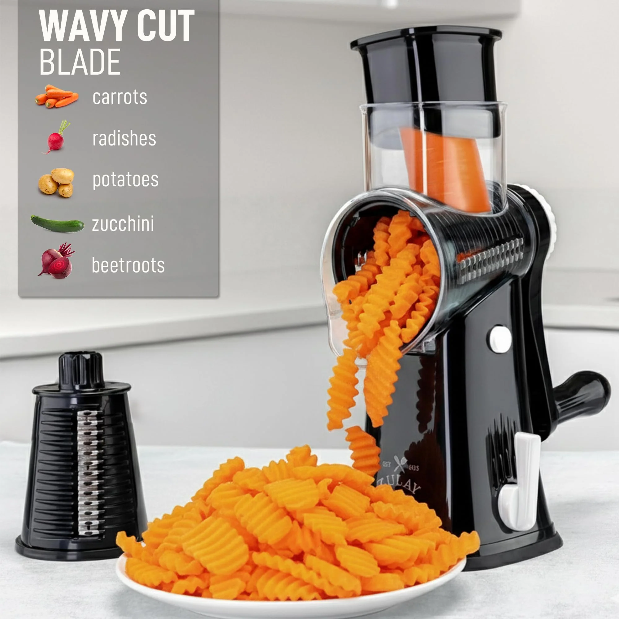 Zulay Kitchen Rotary Cheese Grater 5 Blade Cheese Shredder - Manual Hand Crank Cheese Grater With Reinforced Suction & 5 Interchangeable Drums - Easy to Use, Vegetable Chopper Round Mandoline Slicer - Image 4