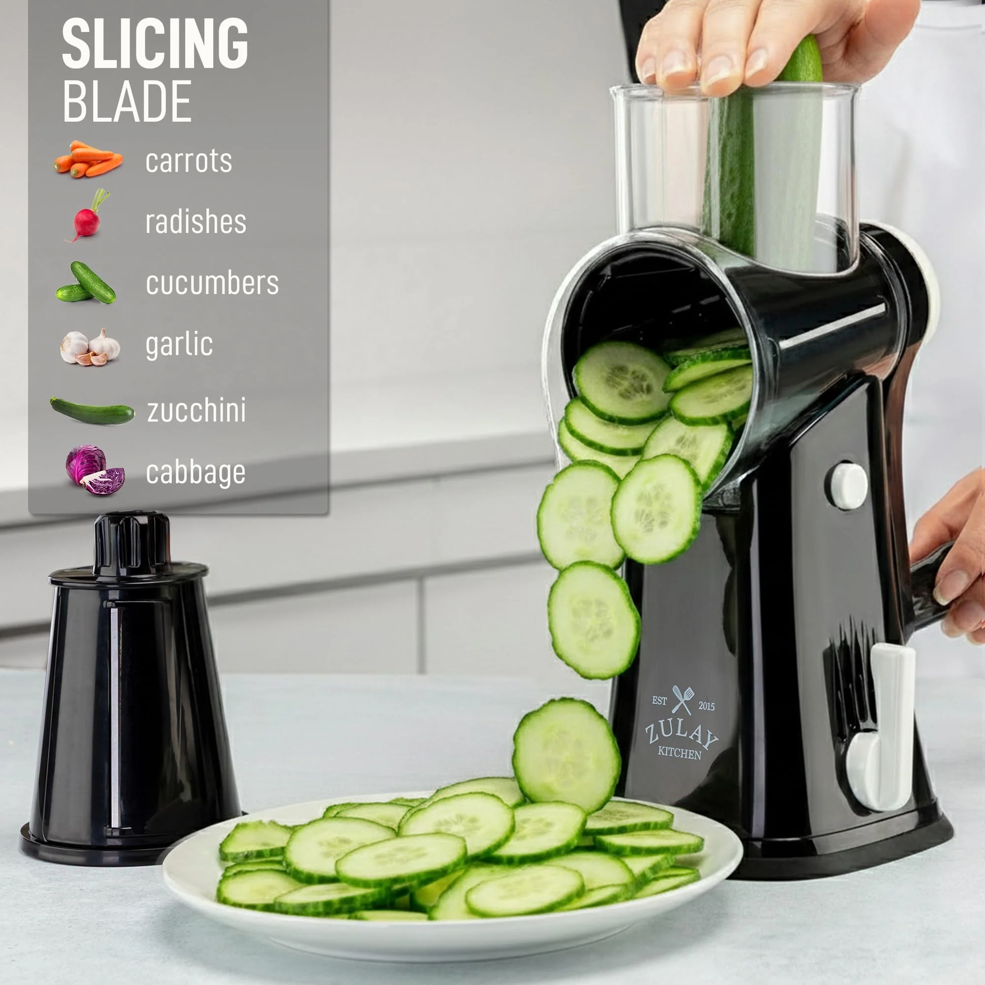 Zulay Kitchen Rotary Cheese Grater 5 Blade Cheese Shredder - Manual Hand Crank Cheese Grater With Reinforced Suction & 5 Interchangeable Drums - Easy to Use, Vegetable Chopper Round Mandoline Slicer - Image 5