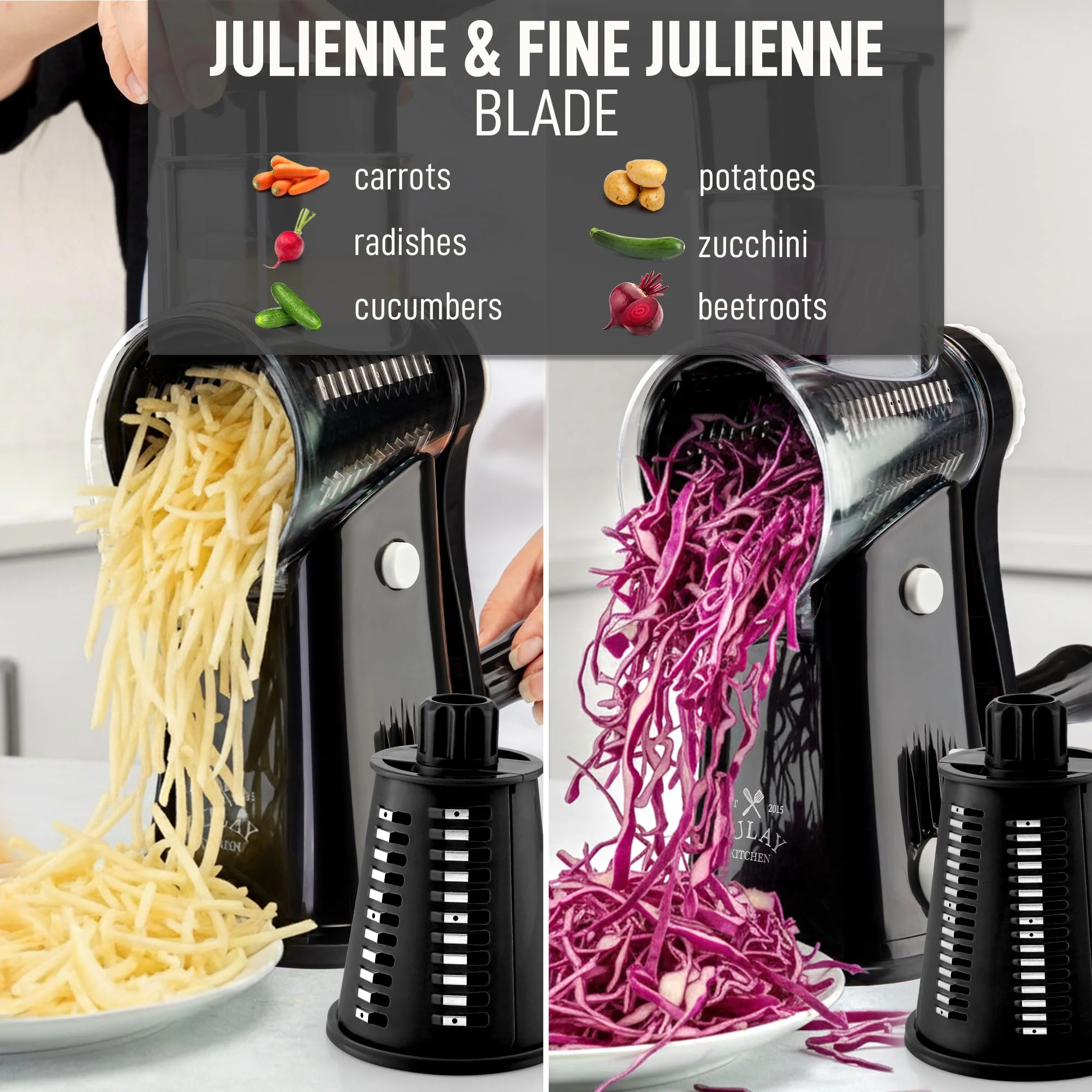 Zulay Kitchen Rotary Cheese Grater 5 Blade Cheese Shredder - Manual Hand Crank Cheese Grater With Reinforced Suction & 5 Interchangeable Drums - Easy to Use, Vegetable Chopper Round Mandoline Slicer - Image 6