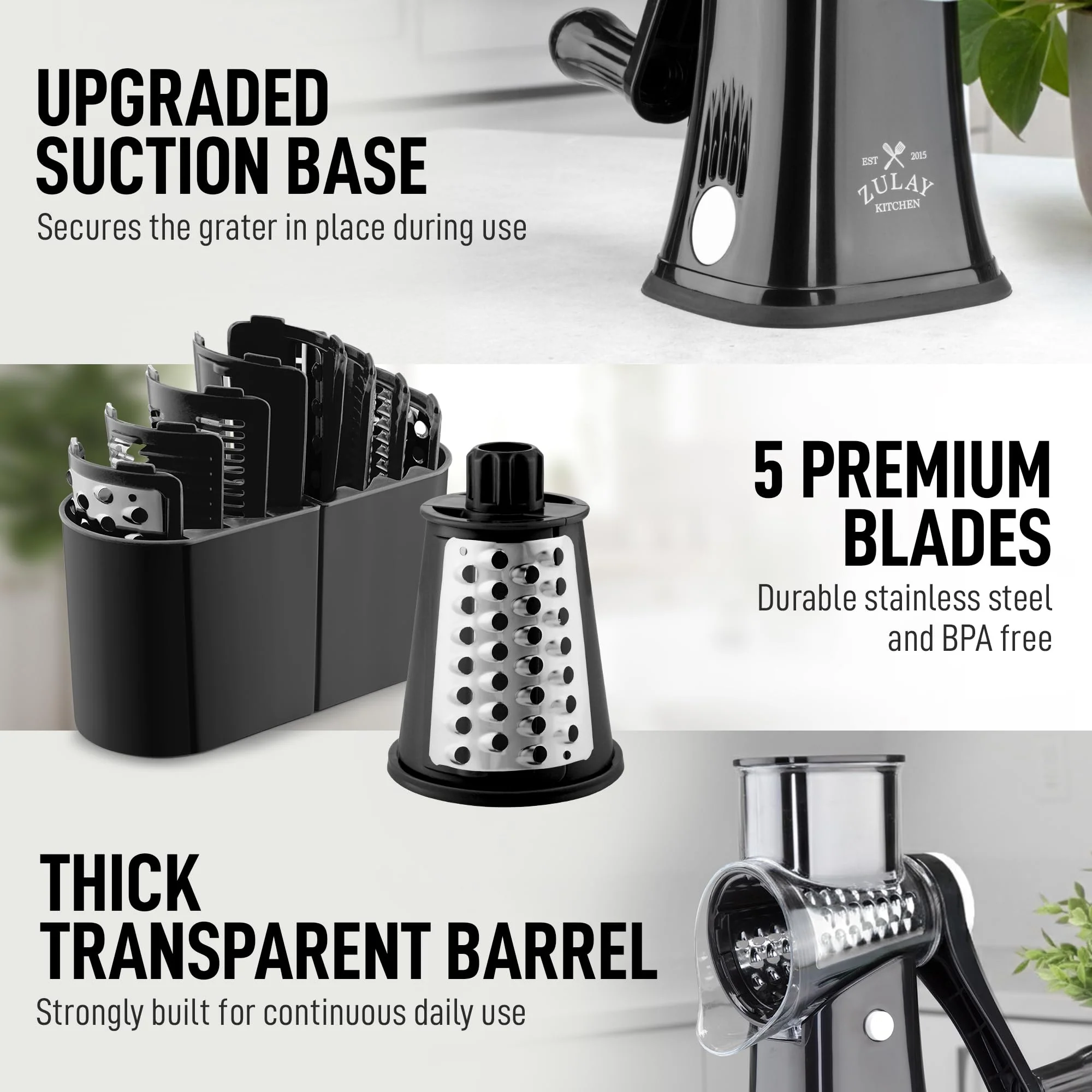 Zulay Kitchen Rotary Cheese Grater 5 Blade Cheese Shredder - Manual Hand Crank Cheese Grater With Reinforced Suction & 5 Interchangeable Drums - Easy to Use, Vegetable Chopper Round Mandoline Slicer - Image 7