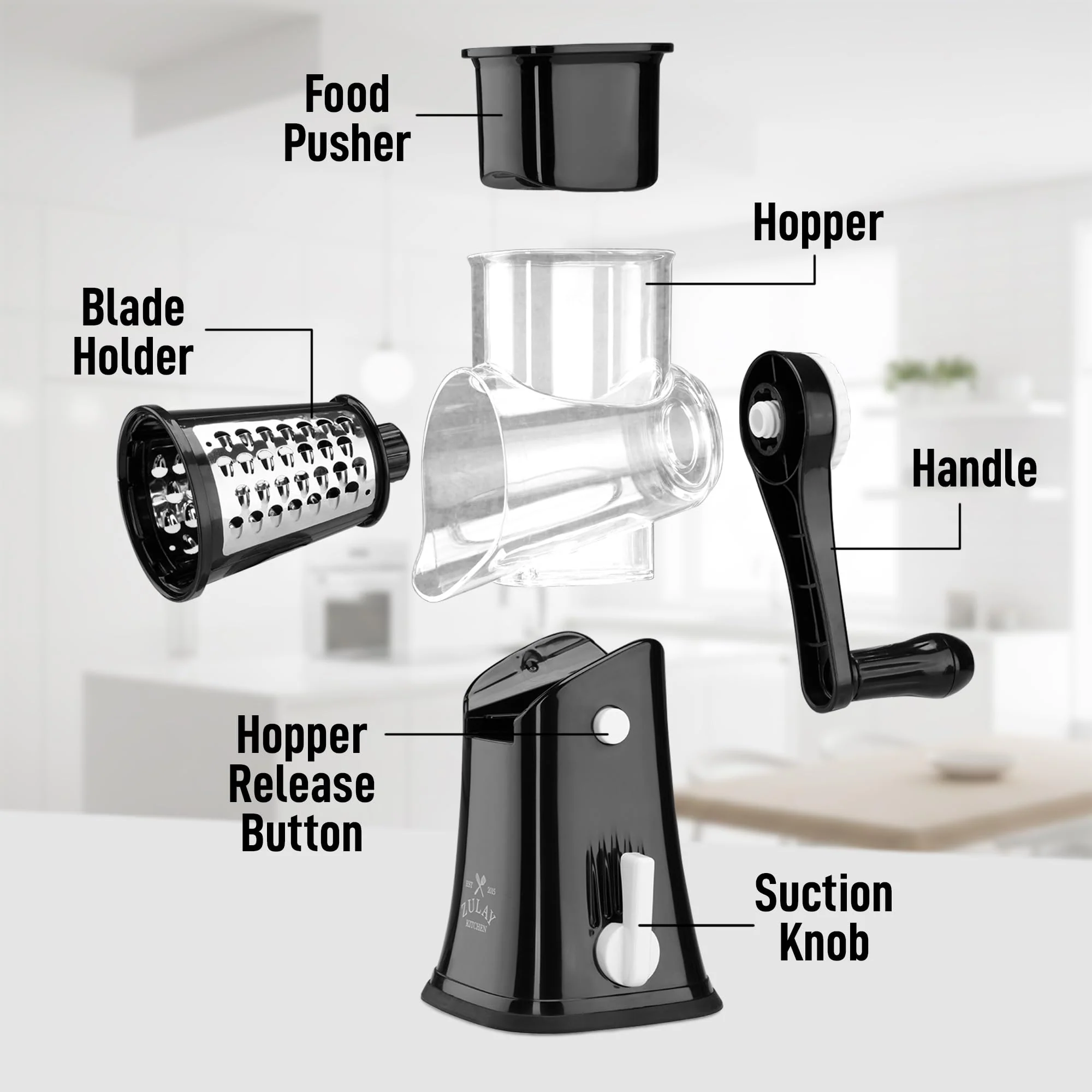 Zulay Kitchen Rotary Cheese Grater 5 Blade Cheese Shredder - Manual Hand Crank Cheese Grater With Reinforced Suction & 5 Interchangeable Drums - Easy to Use, Vegetable Chopper Round Mandoline Slicer - Image 8
