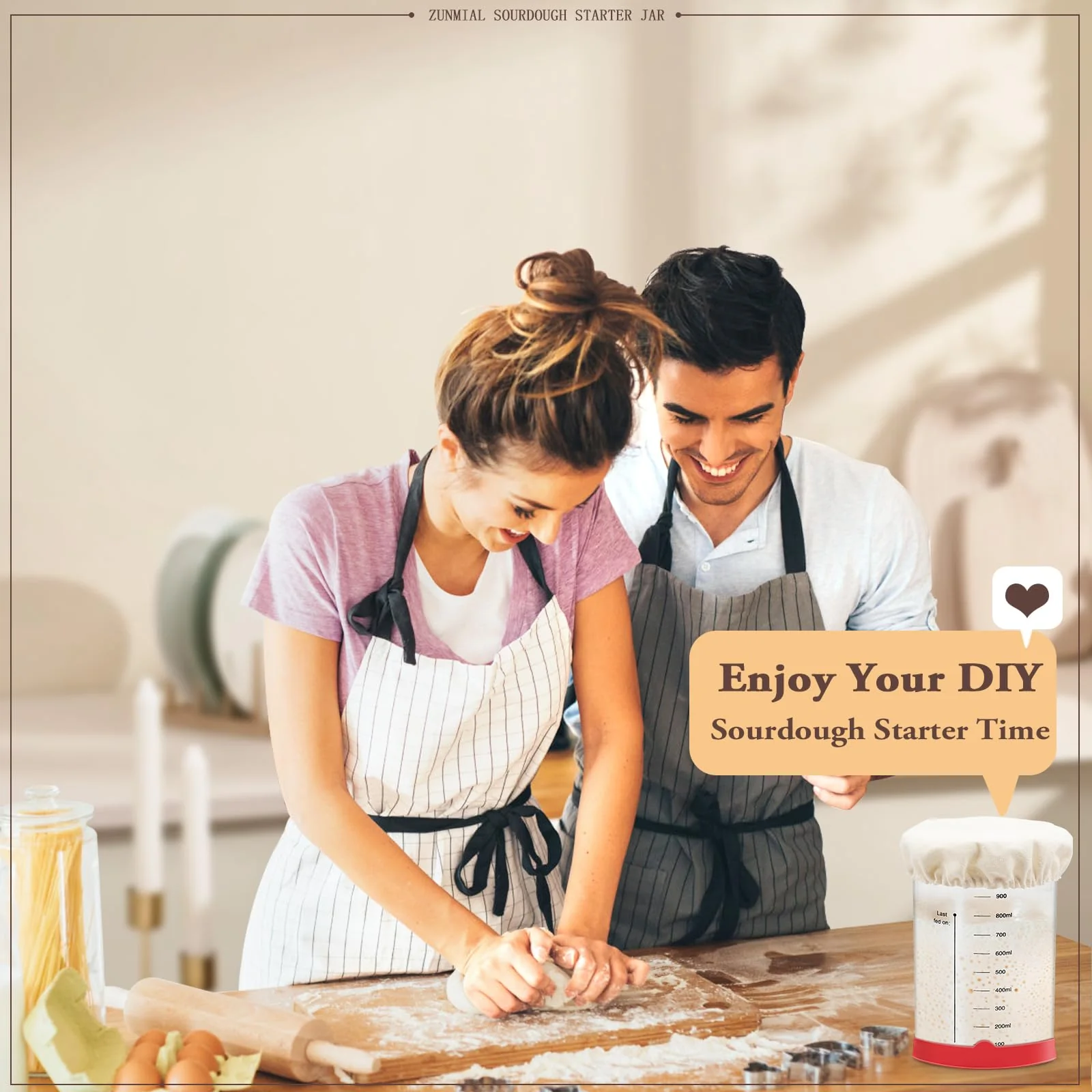 zunmial Sourdough Starter Jar, 35OZ Glass Sourdough Jars Wide Mouth With Red Silicone Cap, Sourdough Starter Kit with Date Marked Feeding Band, Thermometer, Cloth Cover - Image 2