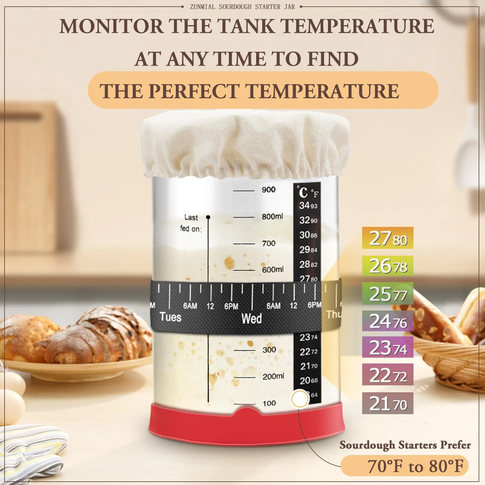 zunmial Sourdough Starter Jar, 35OZ Glass Sourdough Jars Wide Mouth With Red Silicone Cap, Sourdough Starter Kit with Date Marked Feeding Band, Thermometer, Cloth Cover - Image 5