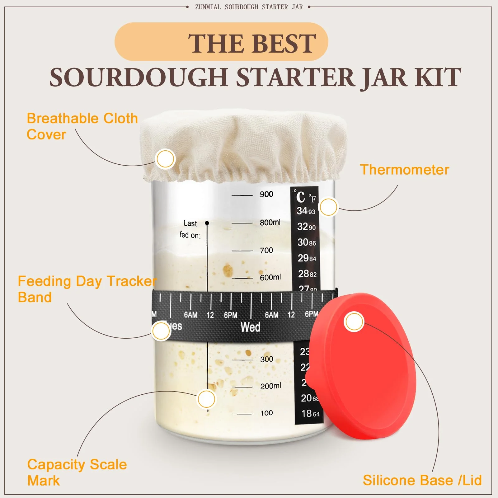 zunmial Sourdough Starter Jar, 35OZ Glass Sourdough Jars Wide Mouth With Red Silicone Cap, Sourdough Starter Kit with Date Marked Feeding Band, Thermometer, Cloth Cover - Image 6