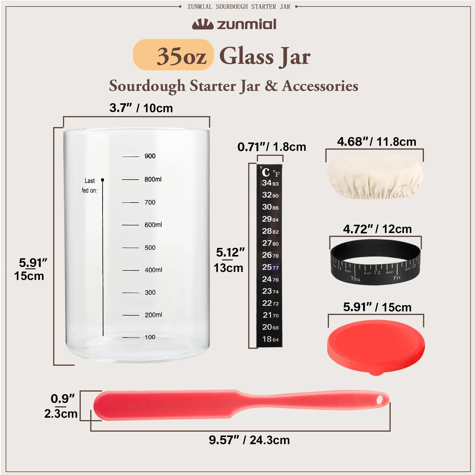 zunmial Sourdough Starter Jar, 35OZ Glass Sourdough Jars Wide Mouth With Red Silicone Cap, Sourdough Starter Kit with Date Marked Feeding Band, Thermometer, Cloth Cover - Image 7