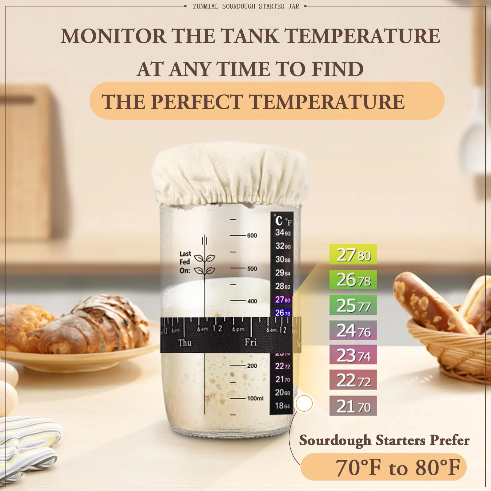 Zunmial Sourdough Starter kit, 34OZ Sourdough Starter Jar with Date Marked Feeding Band, ThermometerCloth Cover & Metal Lid, Reusable Sourdough Bread Baking Supplies, Home Baking Gifts - Image 3