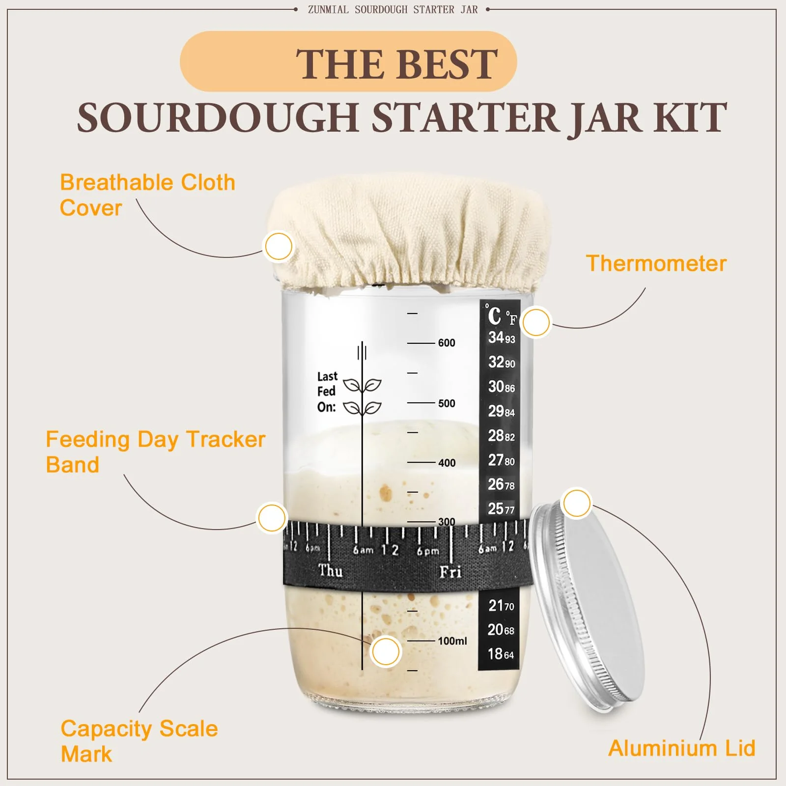 Zunmial Sourdough Starter kit, 34OZ Sourdough Starter Jar with Date Marked Feeding Band, ThermometerCloth Cover & Metal Lid, Reusable Sourdough Bread Baking Supplies, Home Baking Gifts - Image 6