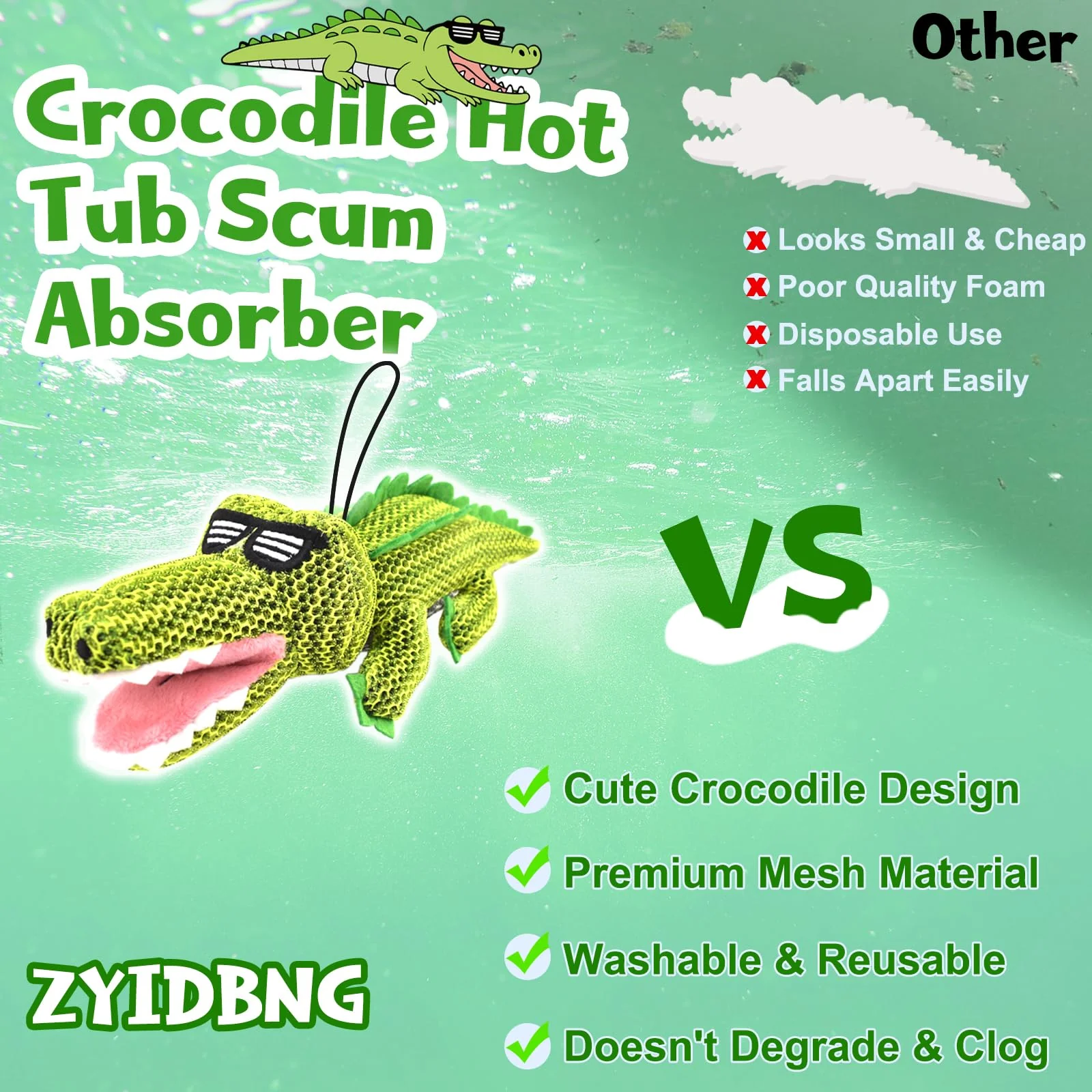 ZYIDBNG Crocodile Hot Tub Scum Absorber Reusable Washable Hot Tub Sponge Scum Absorber for Spa Hot Tub Oil Scum Absorber Hot Tub Accessories for Adults (2 Pack, Crocodile) - Image 5