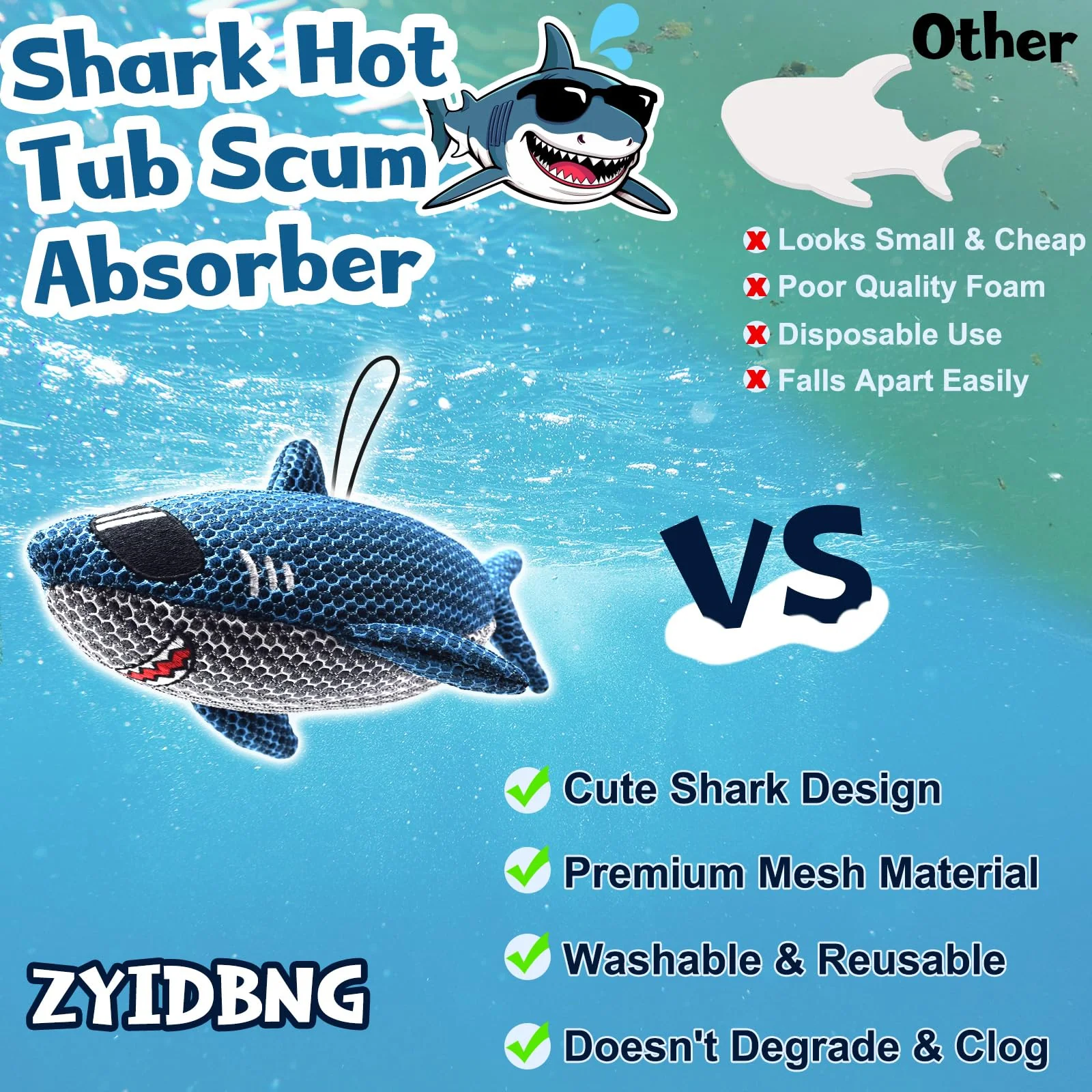 ZYIDBNG Shark Hot Tub Scum Absorber Reusable Washable Hot Tub Sponge Scum Absorber for Spa Hot Tub Oil Scum Absorber Spa Accessories for Adults (2 Pack, Shark) - Image 5