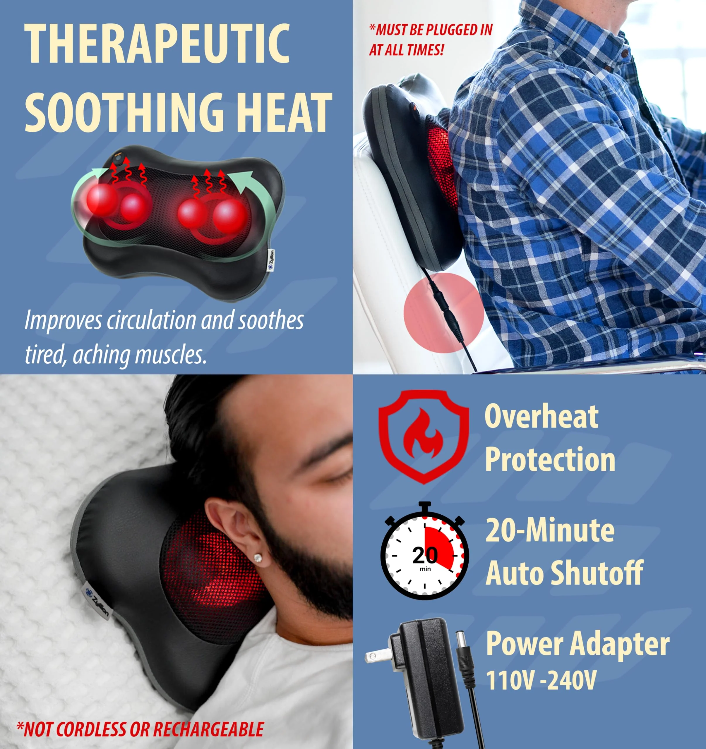 Zyllion Shiatsu Back and Neck Massager with Heat - 3D Electric Kneading Deep Tissue Massage Pillow for Muscle Pain Relief, Black, ZMA-13 - Image 5