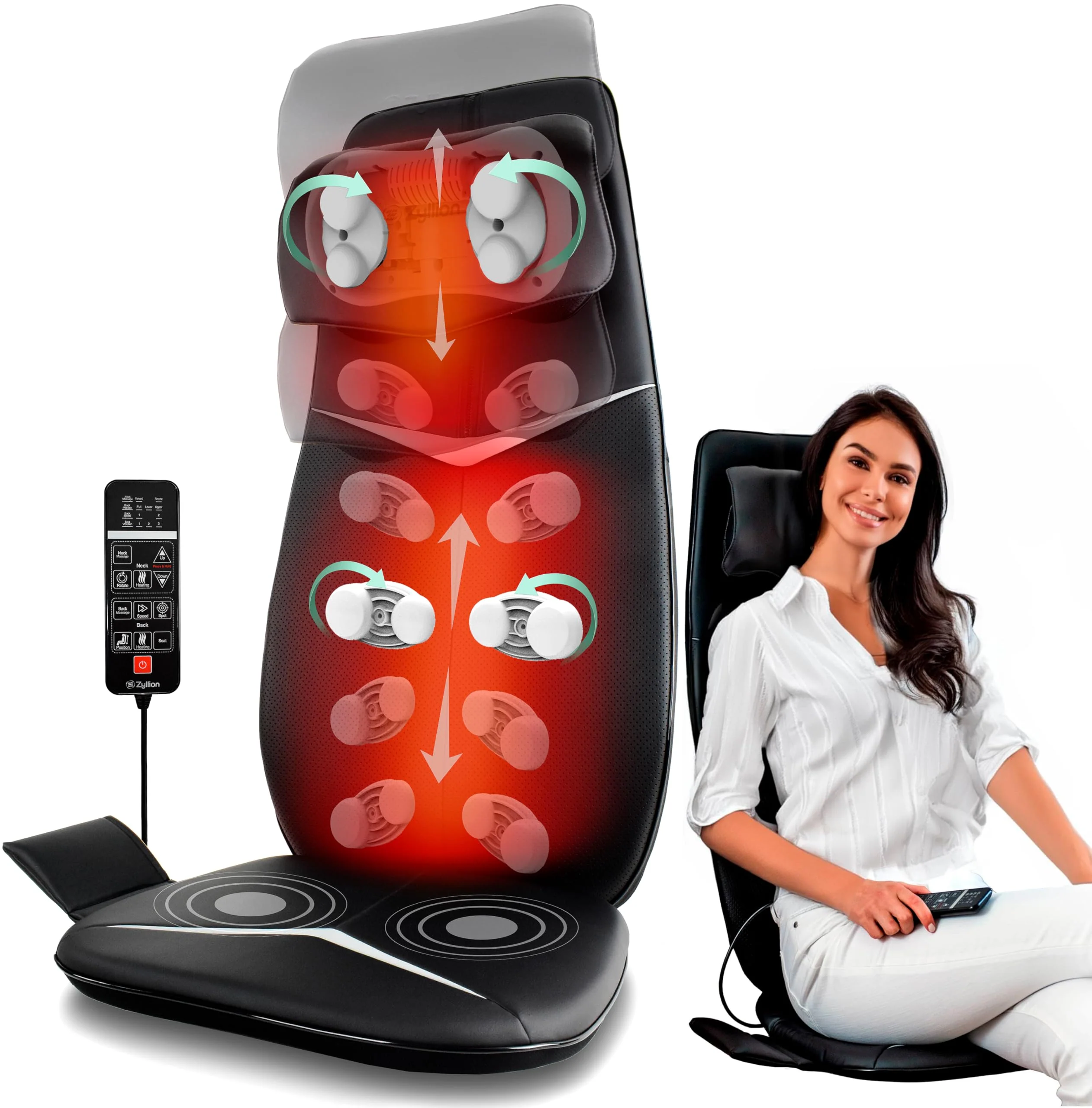 Zyllion Shiatsu Neck and Back Massager - 3D Kneading Deep Tissue Full Body Electric Massage Chair Seat Cushion Pad with Heat and Vibration for Muscle Pain Relief, Home and Office - Black (ZMA-33B)