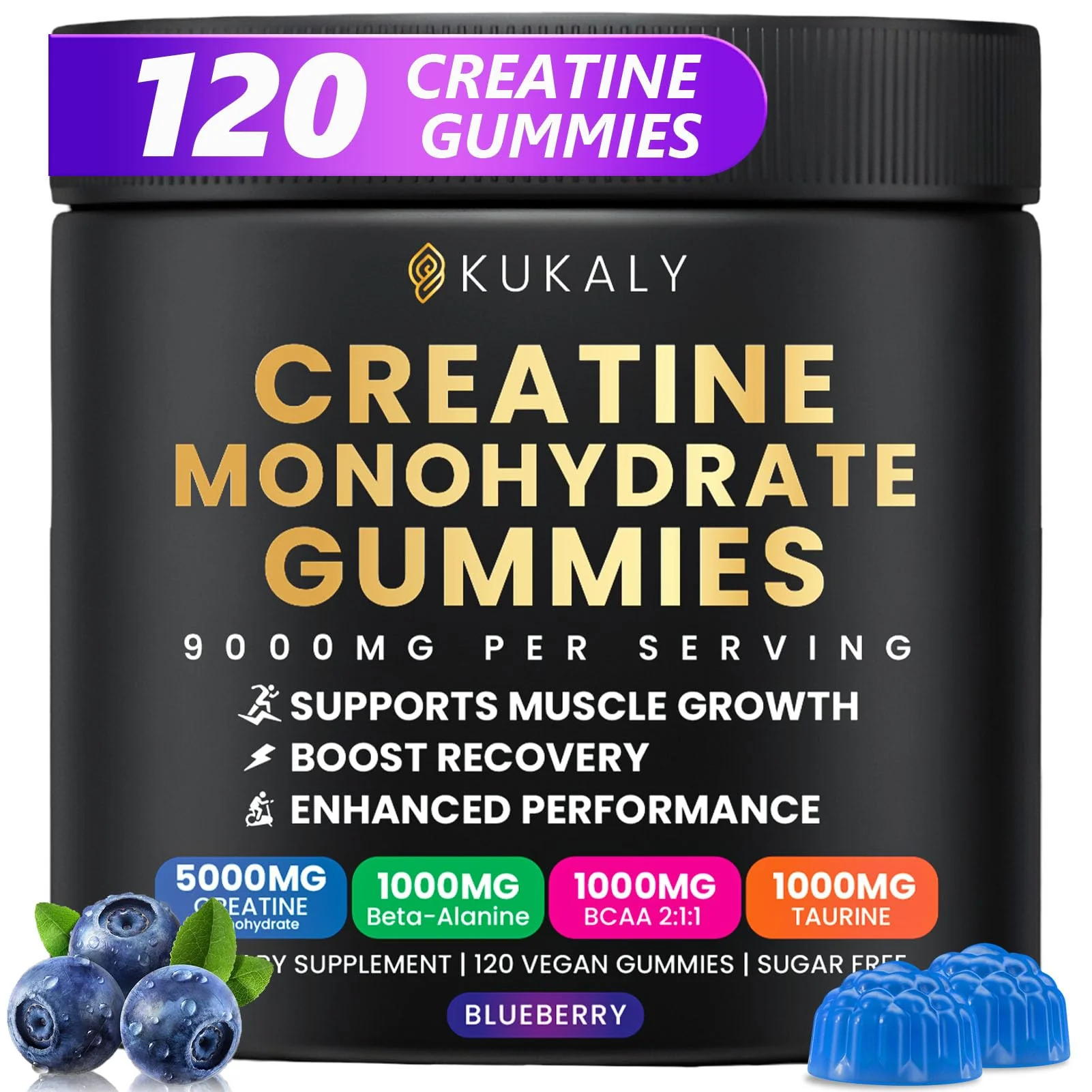 ZyterX Creatine Monohydrate Gummies for Men & Women, 9000MG Creatine Gummies Sugar Free with L-Taurine, BCAA 2:1, B12 B6 for Boost Strength, Focus & Endurance, Vegan, Non-GMO, Blueberry 120pcs