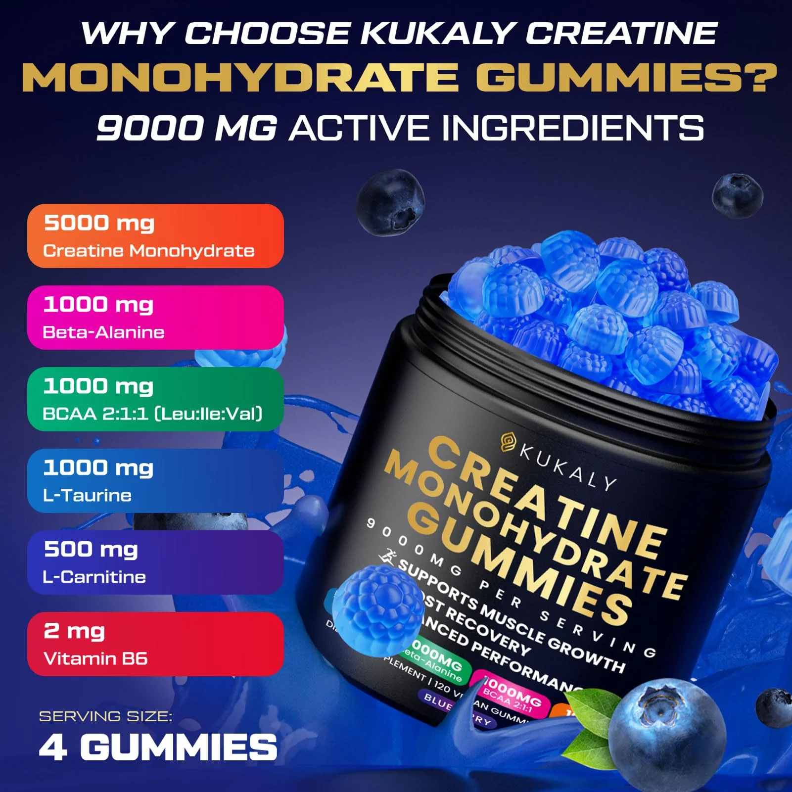 ZyterX Creatine Monohydrate Gummies for Men & Women, 9000MG Creatine Gummies Sugar Free with L-Taurine, BCAA 2:1, B12 B6 for Boost Strength, Focus & Endurance, Vegan, Non-GMO, Blueberry 120pcs - Image 3